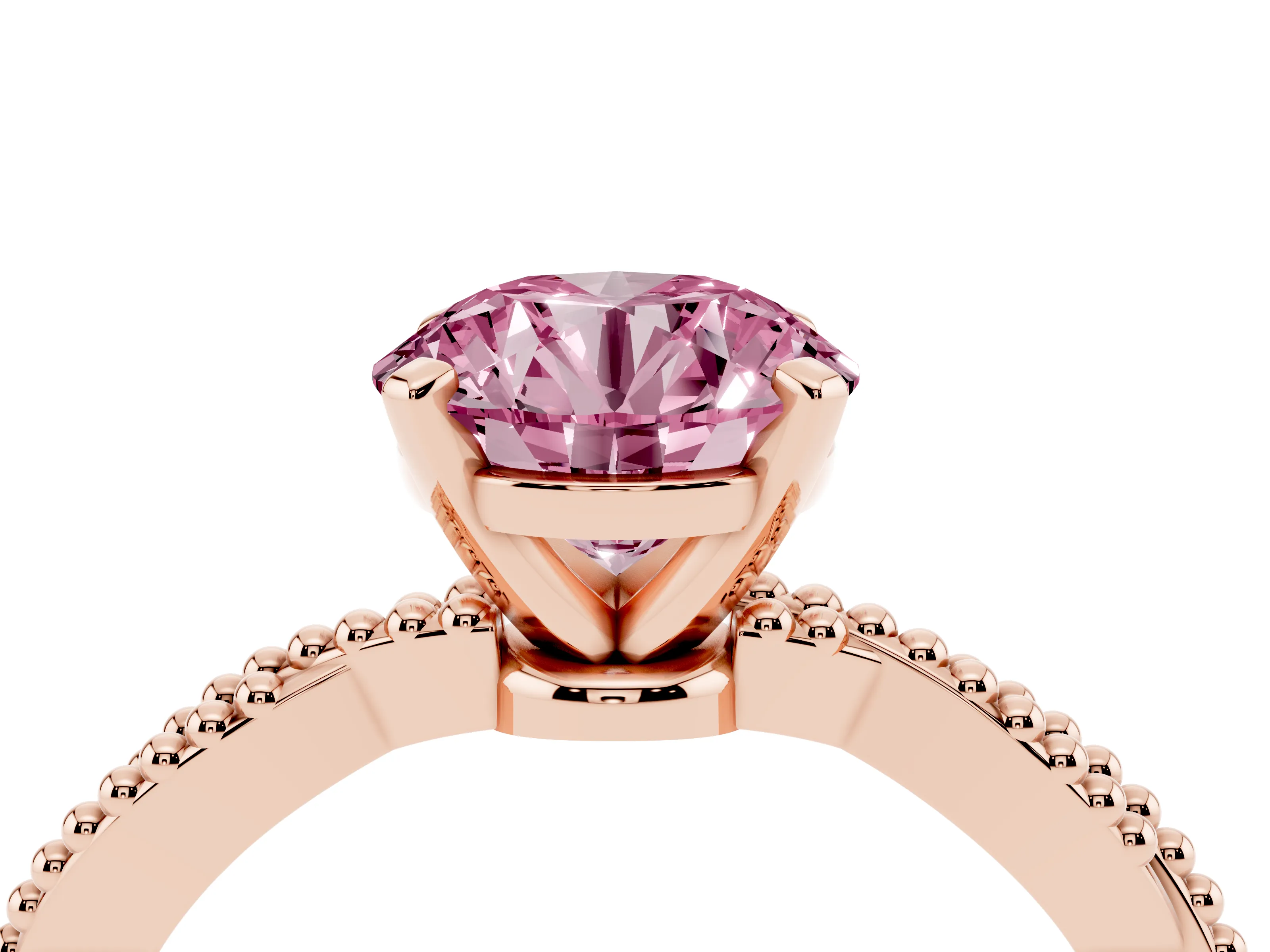 Fancy Pink Round Cut Diamond Solitaire Ring Set in Rose gold with Twisted Band and Bead Prong Setting