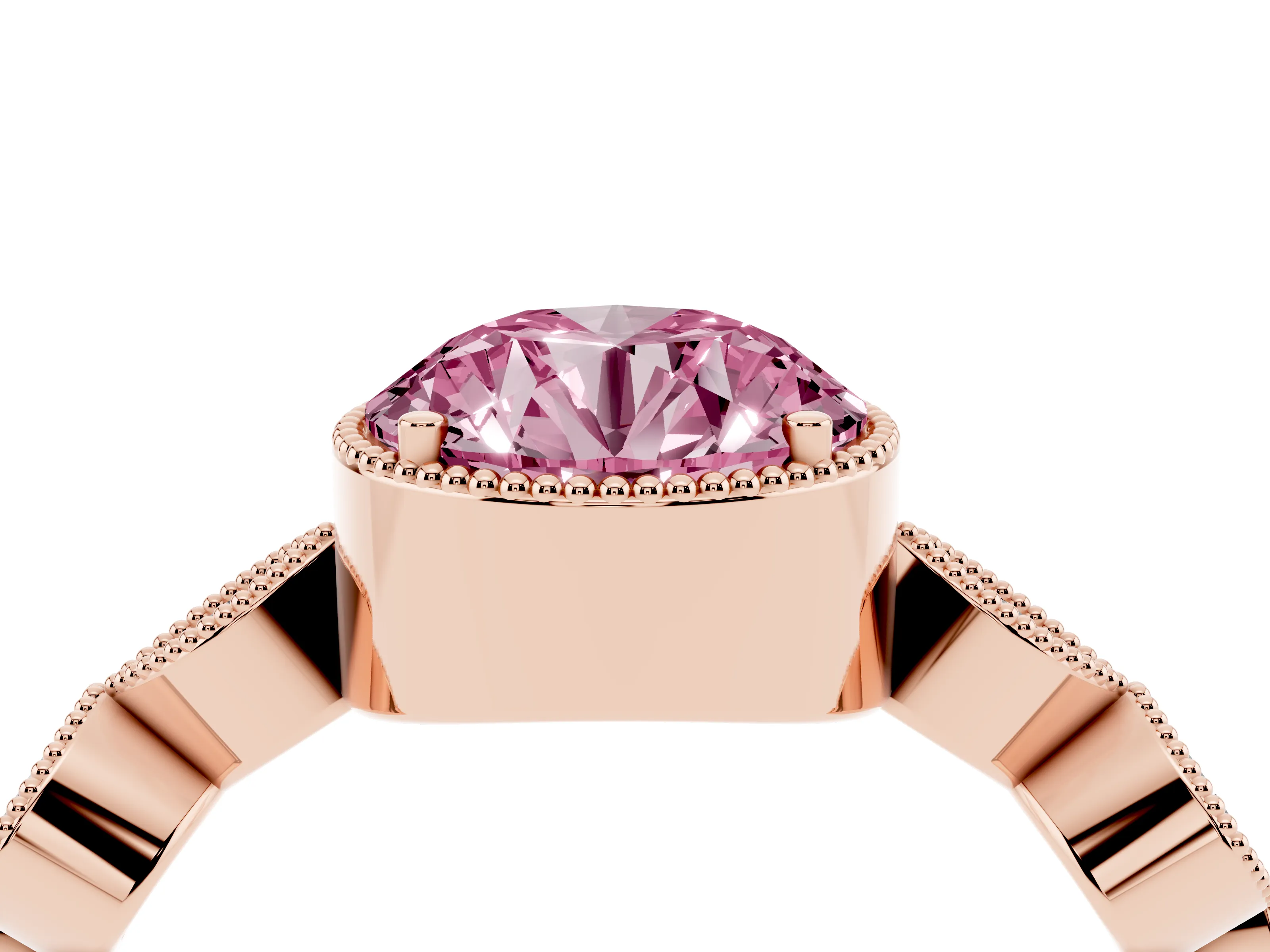 Fancy Pink Round Cut Diamond Vintage-Inspired Milgrain Ring Set in Rose gold with Marquise Stations of Round Accents