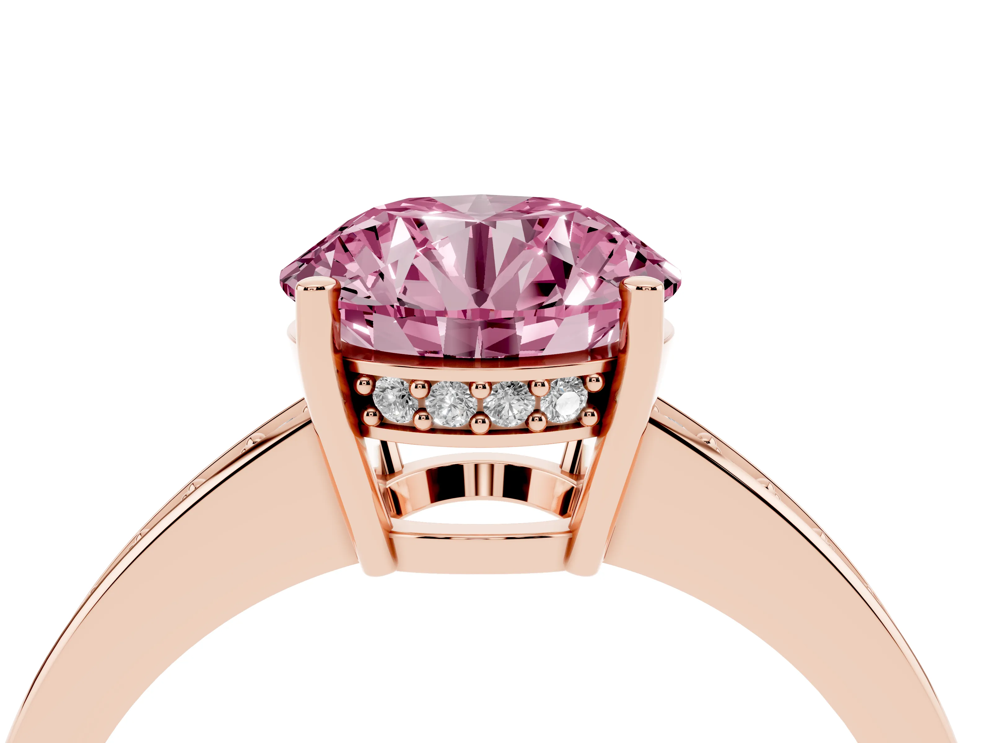 Fancy Pink Round Cut Diamond Pavé Band Prong Set Solitaire Ring Set in Rose gold