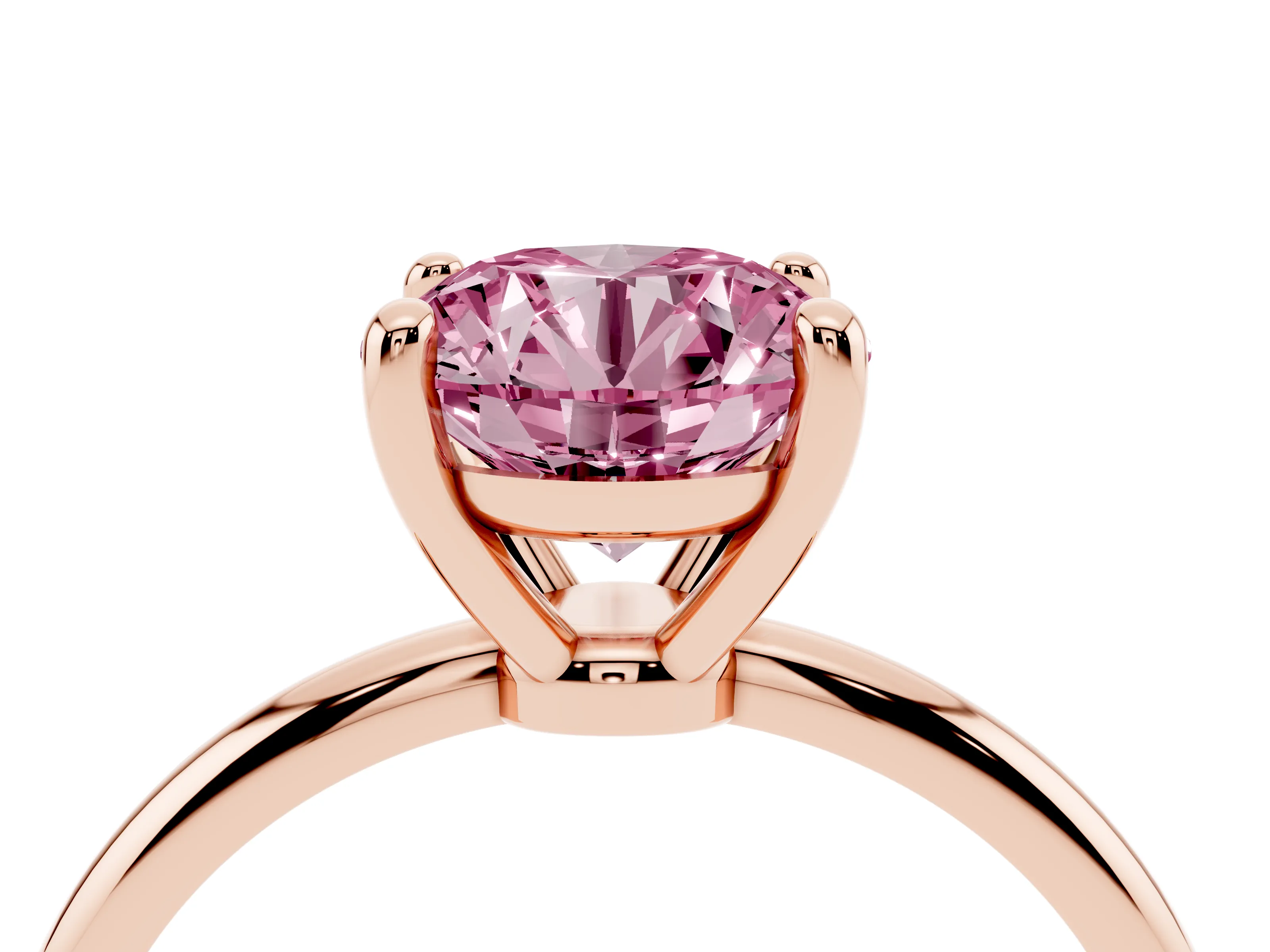 Fancy Pink Round Cut Diamond Solitaire Ring Set in Rose gold with Secure Prong Setting on a Classic Band
