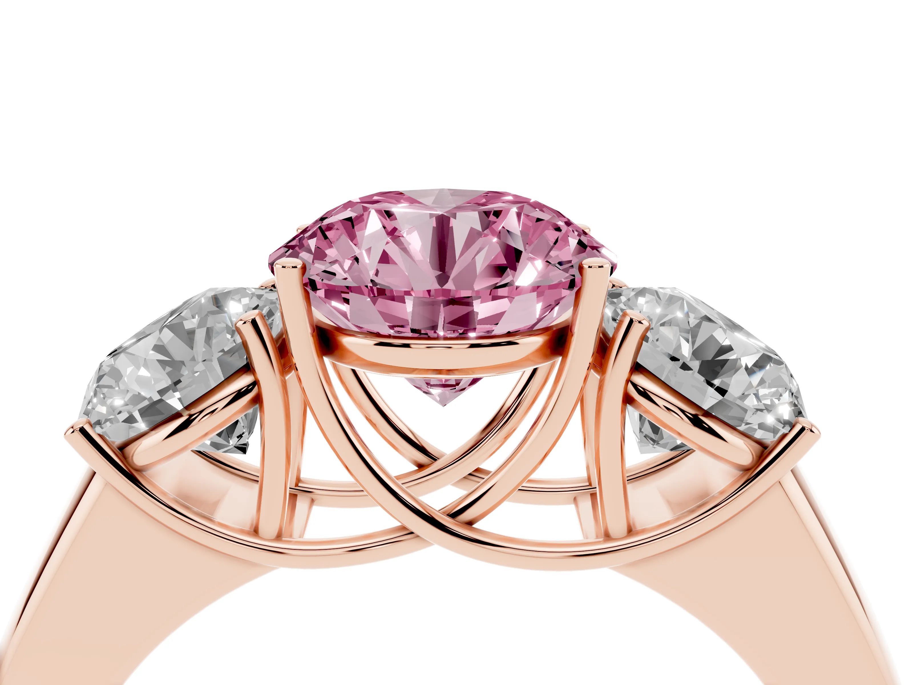 Fancy Pink Three-Stone Round Cut Diamond Ring Set in Rose gold with Matching Prong Settings and Plain Band