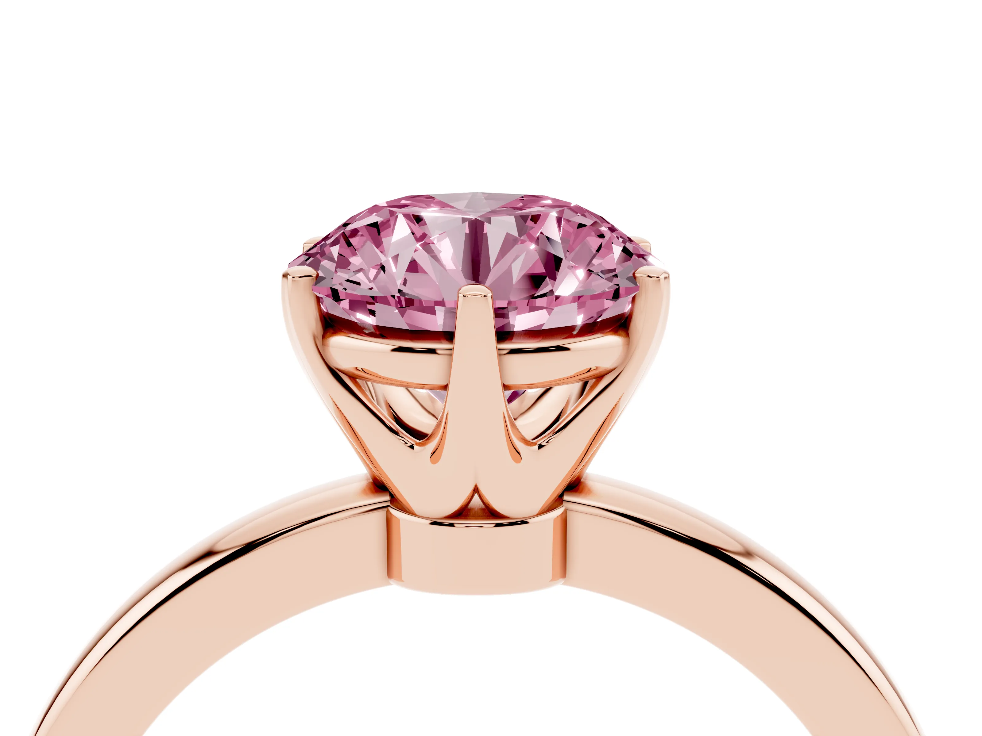 Fancy Pink Round Cut Diamond Solitaire Ring Set in Rose gold with Raised Prong Setting on a Classic Band