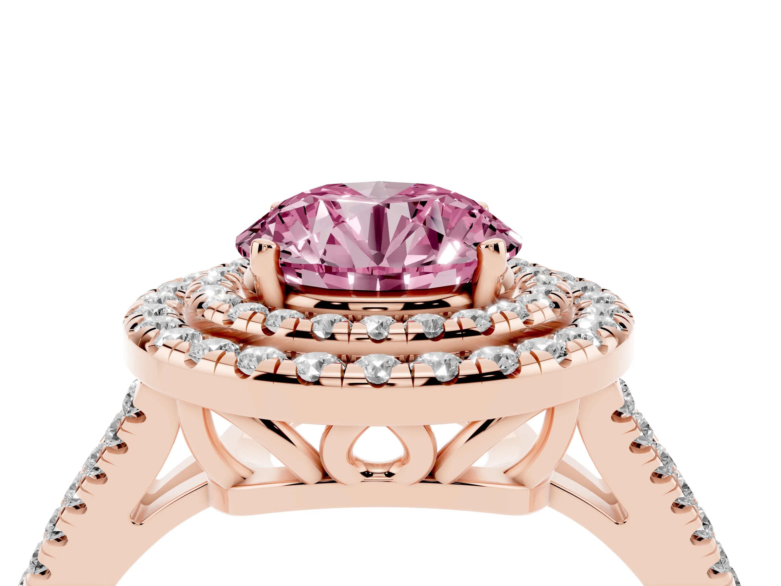 Fancy Pink Round Cut Diamond Double Halo Ring Set in Rose gold with Pavé Band