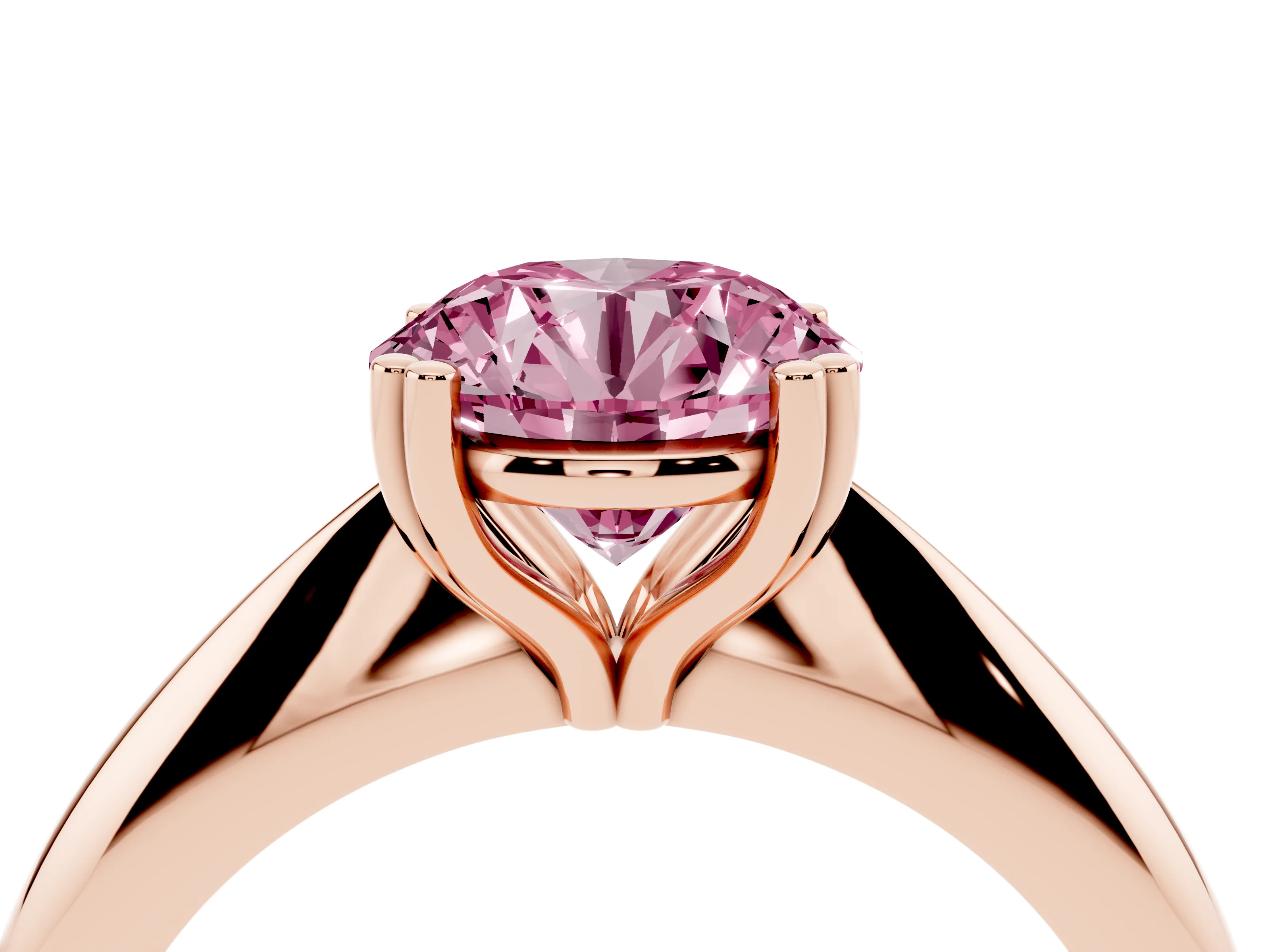 Fancy Pink Round Cut Diamond Solitaire Engagement Ring Set in Rose gold with Tapered Band and Prong Setting