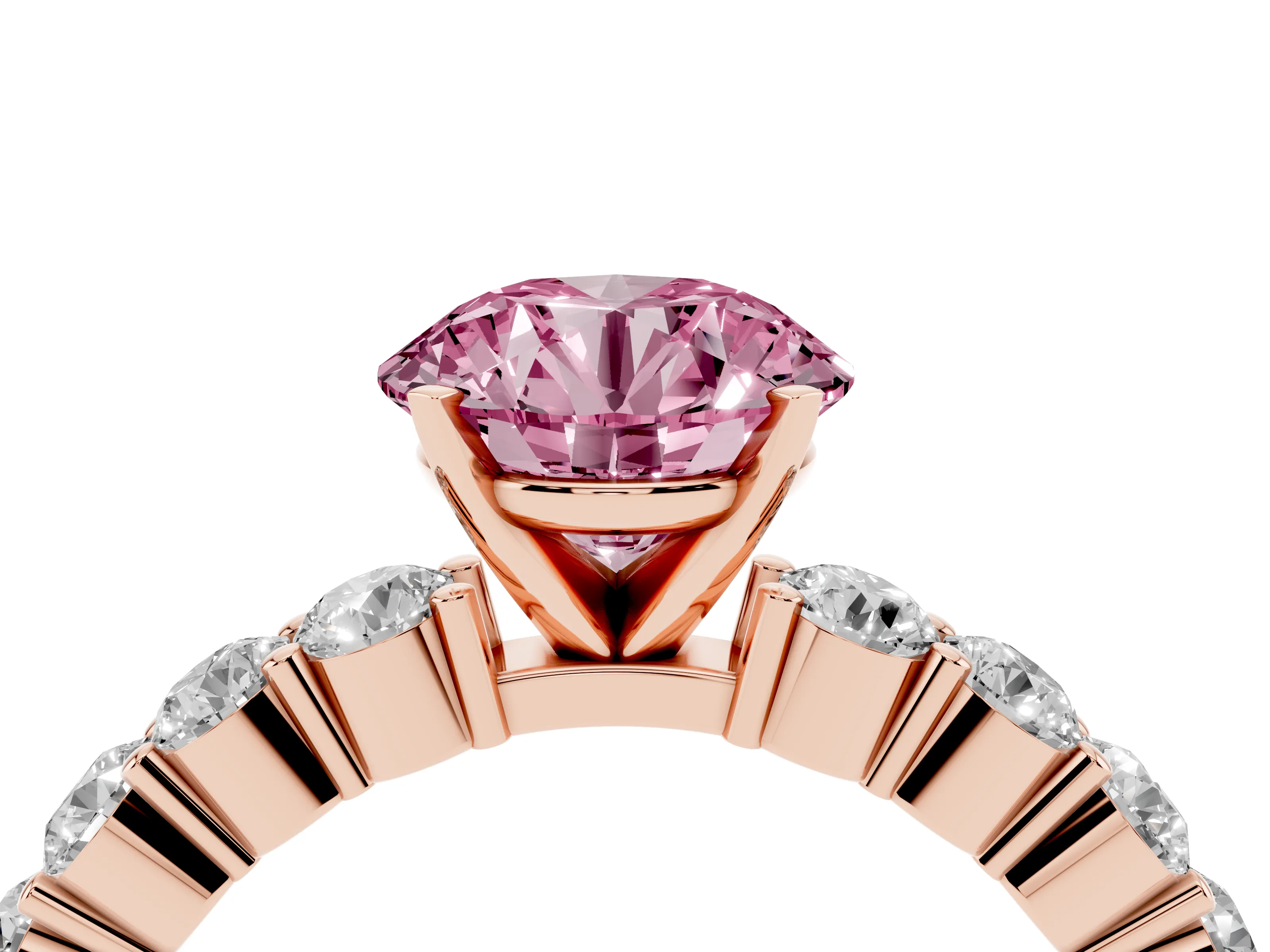 Fancy Pink Round Cut Diamond Solitaire Ring Set in Rose gold with Shared Prong Round Side Stones
