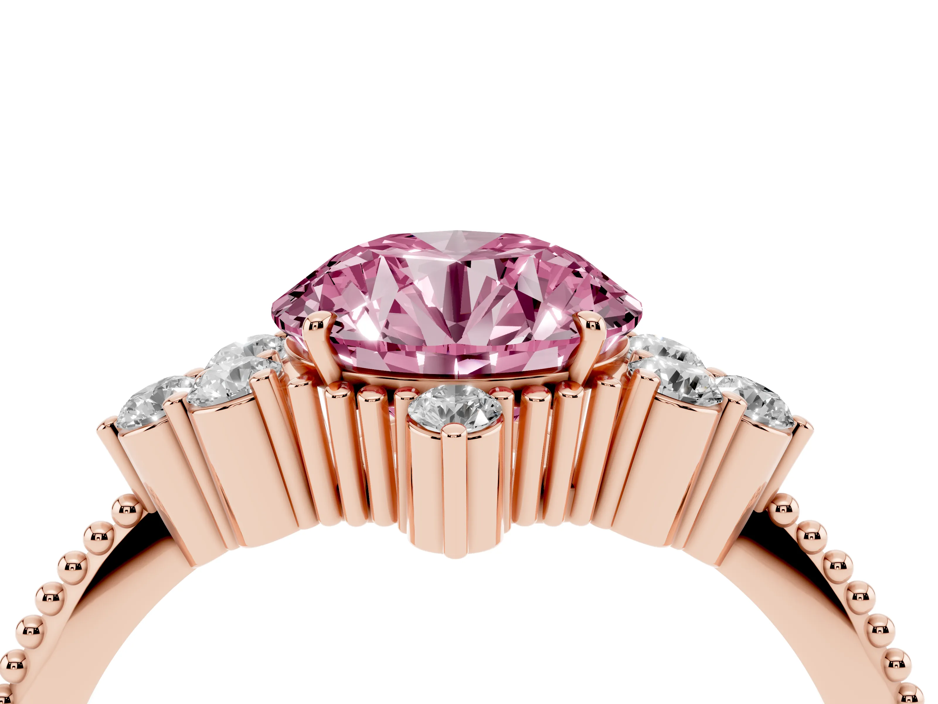 Fancy Pink Round Cut Diamond Cluster Ring Set in Rose gold with Beaded Band