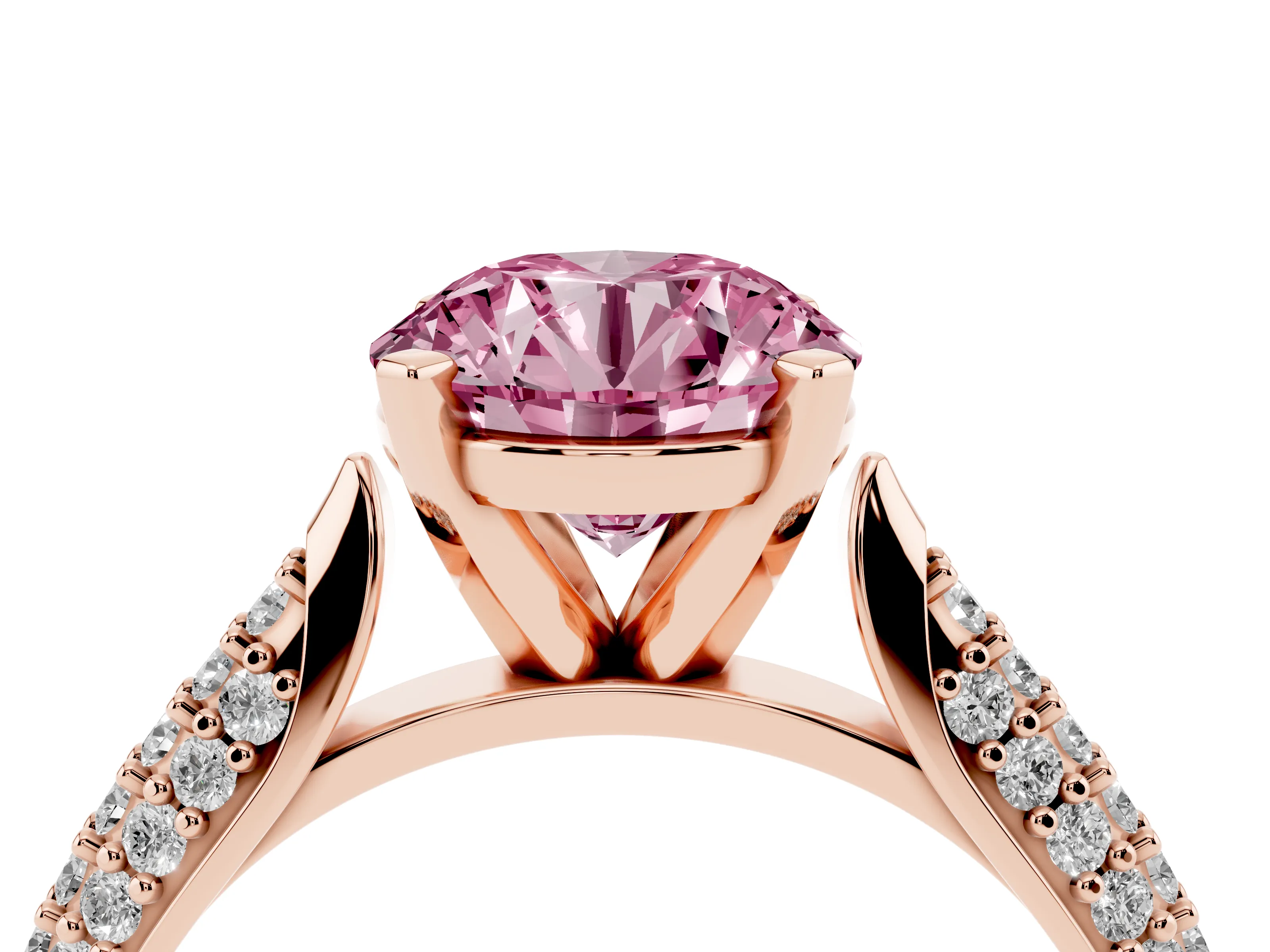 Fancy Pink Round Cut Diamond Solitaire Engagement Ring Set in Rose gold with Multi-Row Round Pavé Band and Prong Setting