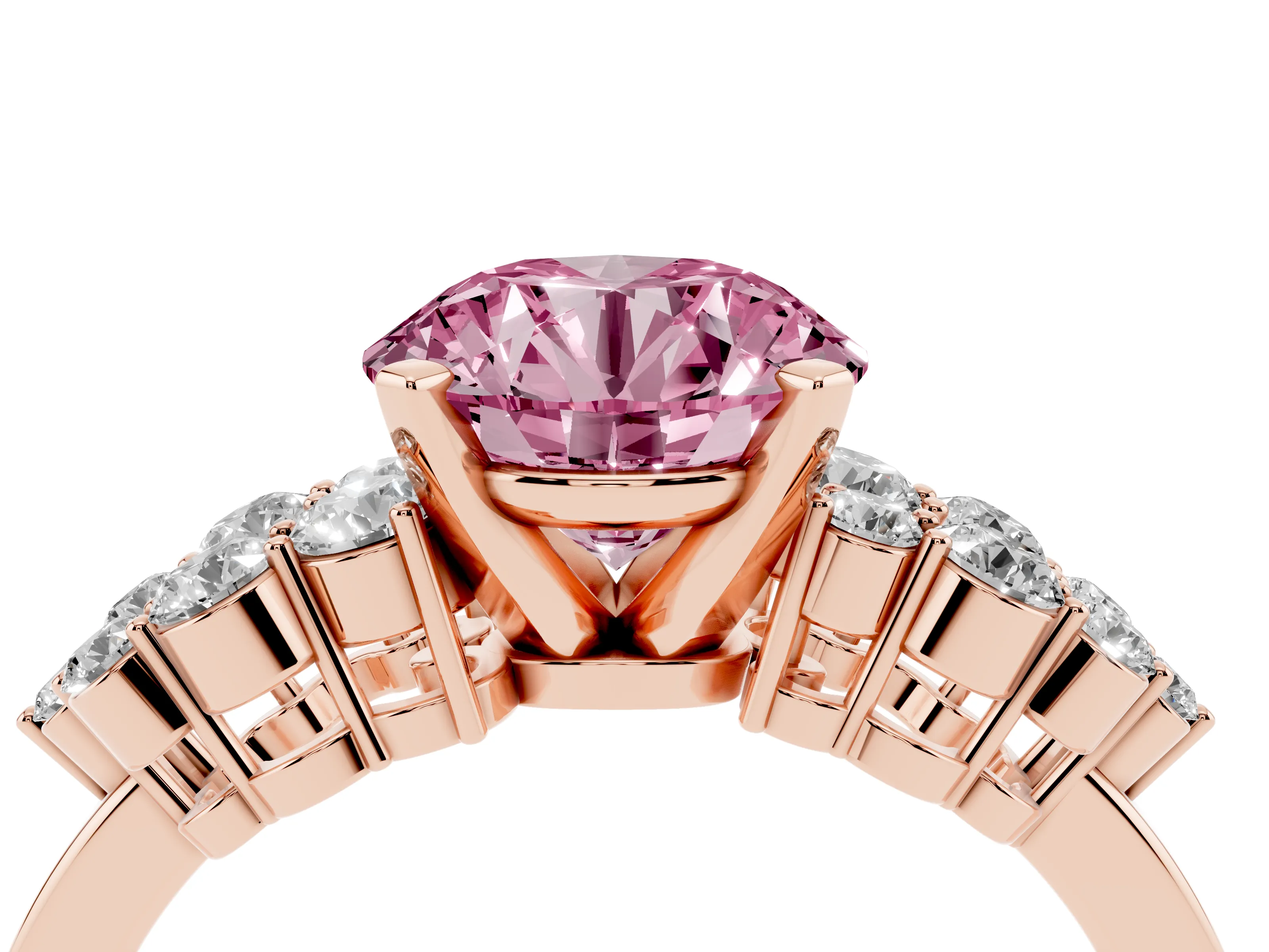Fancy Pink Round Cut Diamond Cluster Engagement Ring Set in Rose gold with Pavé Band and Prong Setting