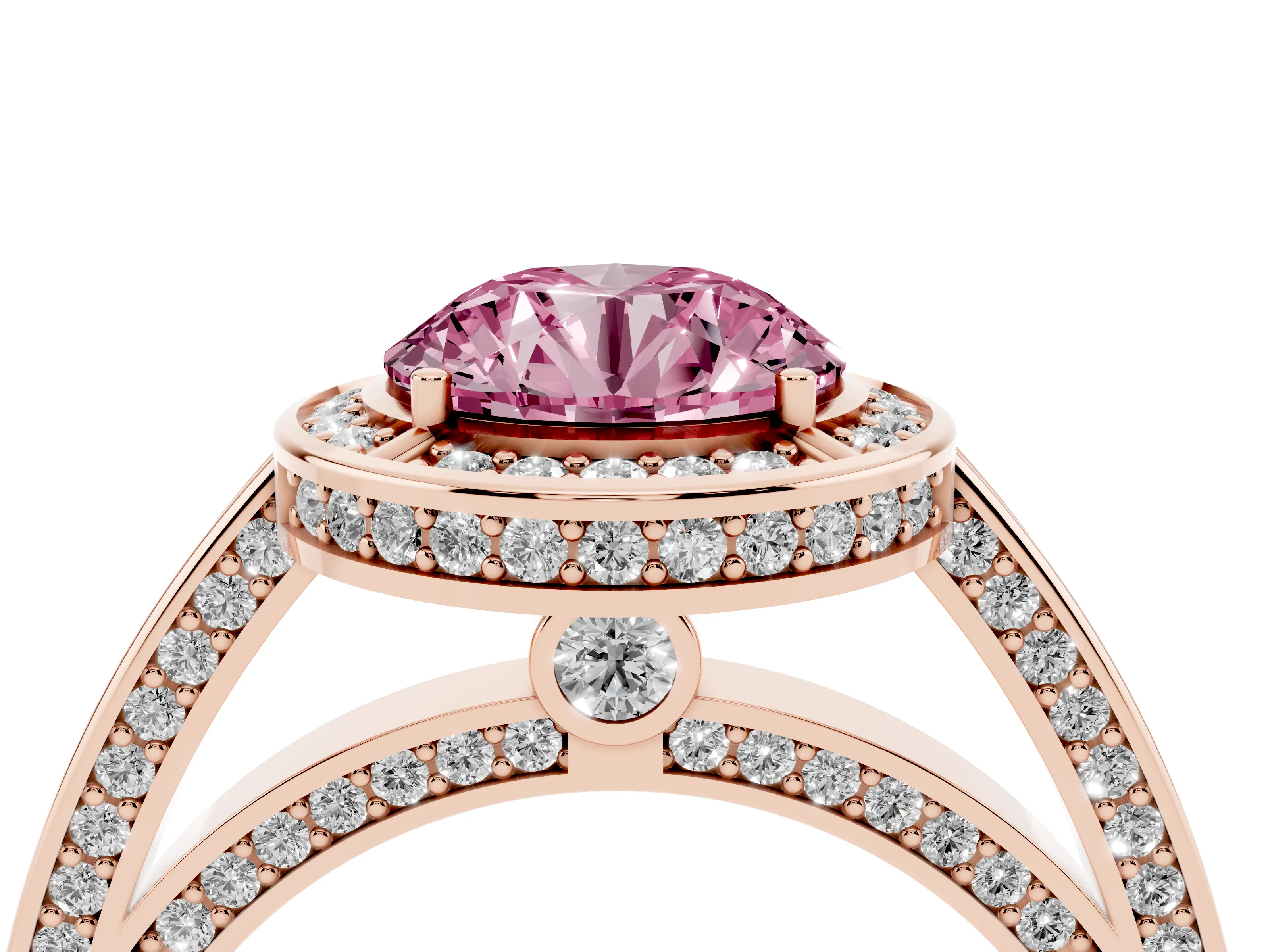 Fancy Pink Round Cut Diamond Halo Pavé Split Shank Ring Set in Rose gold with Prong Setting
