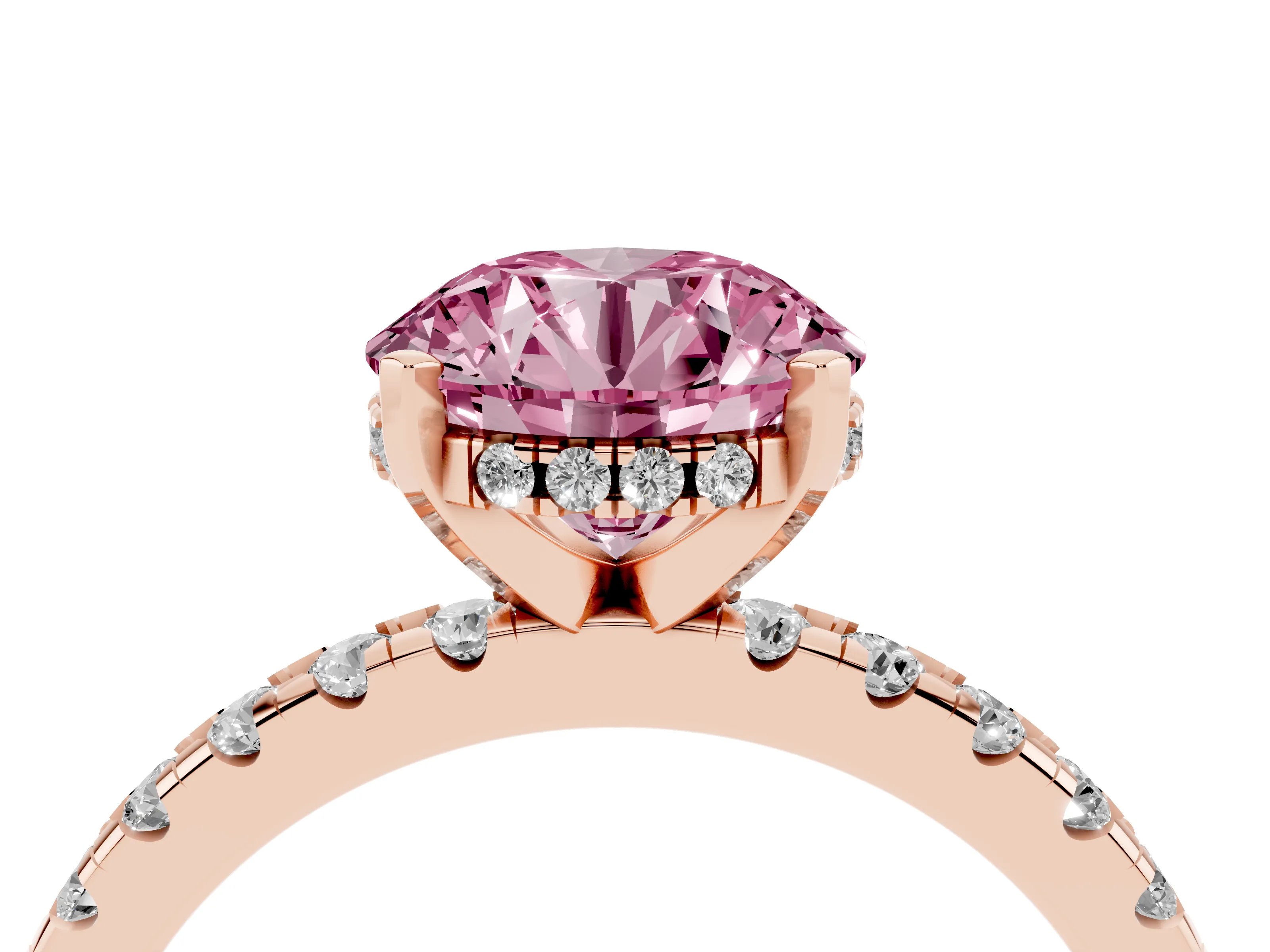 Fancy Pink Round Cut Diamond Pavé Solitaire Ring Set in Rose gold with Round Band Accents and Prong Setting