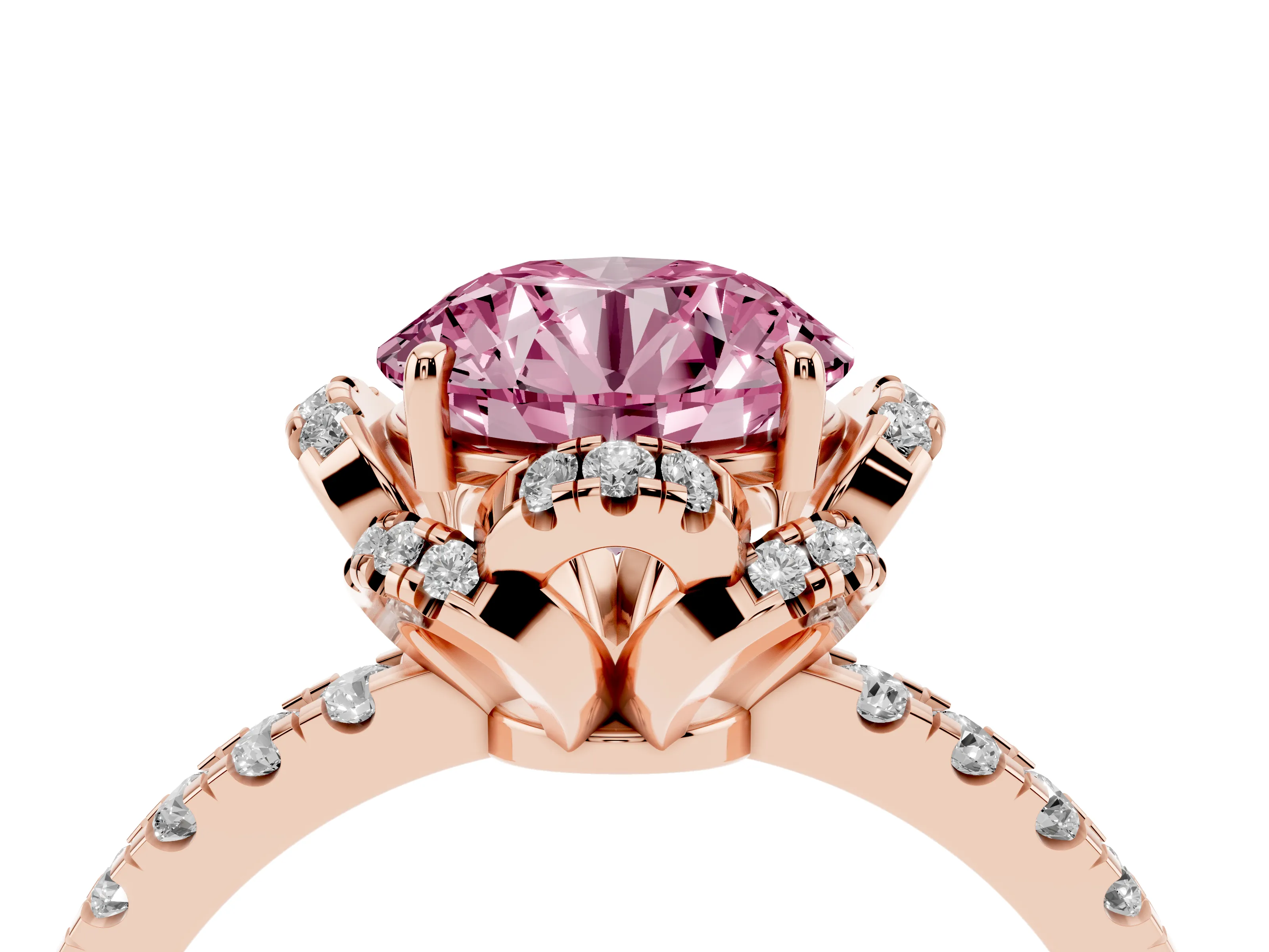 Fancy Pink Round Cut Diamond Halo Pavé Band Ring Set in Rose gold with Prong-Held Center