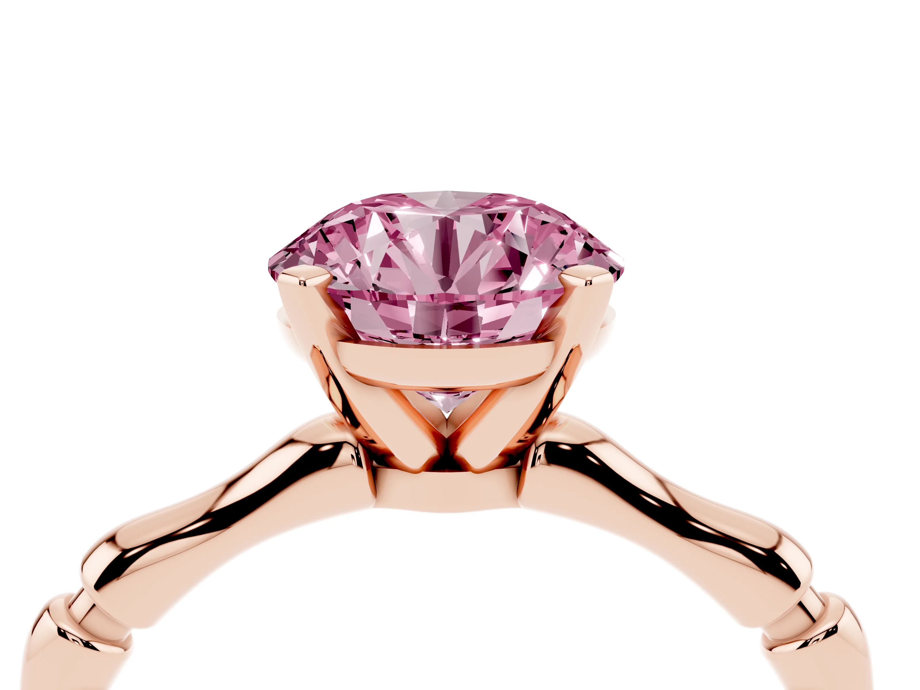 Fancy Pink Round Cut Diamond Solitaire Ring Set in Rose gold with Bamboo Band and Prong Setting