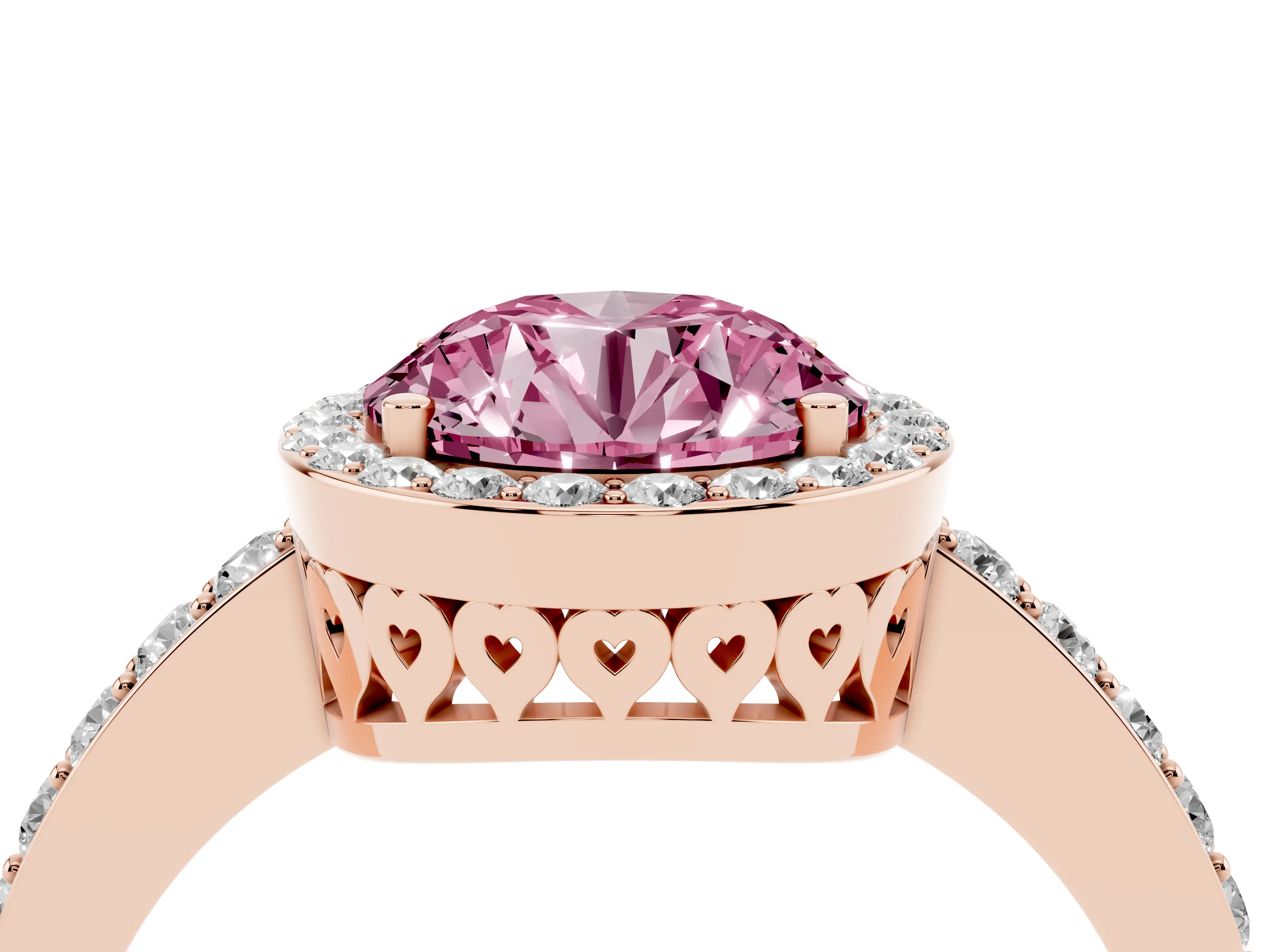 Fancy Pink Round Cut Diamond Halo Ring Set in Rose gold with Pavé-Setting Band and Open Prong Center