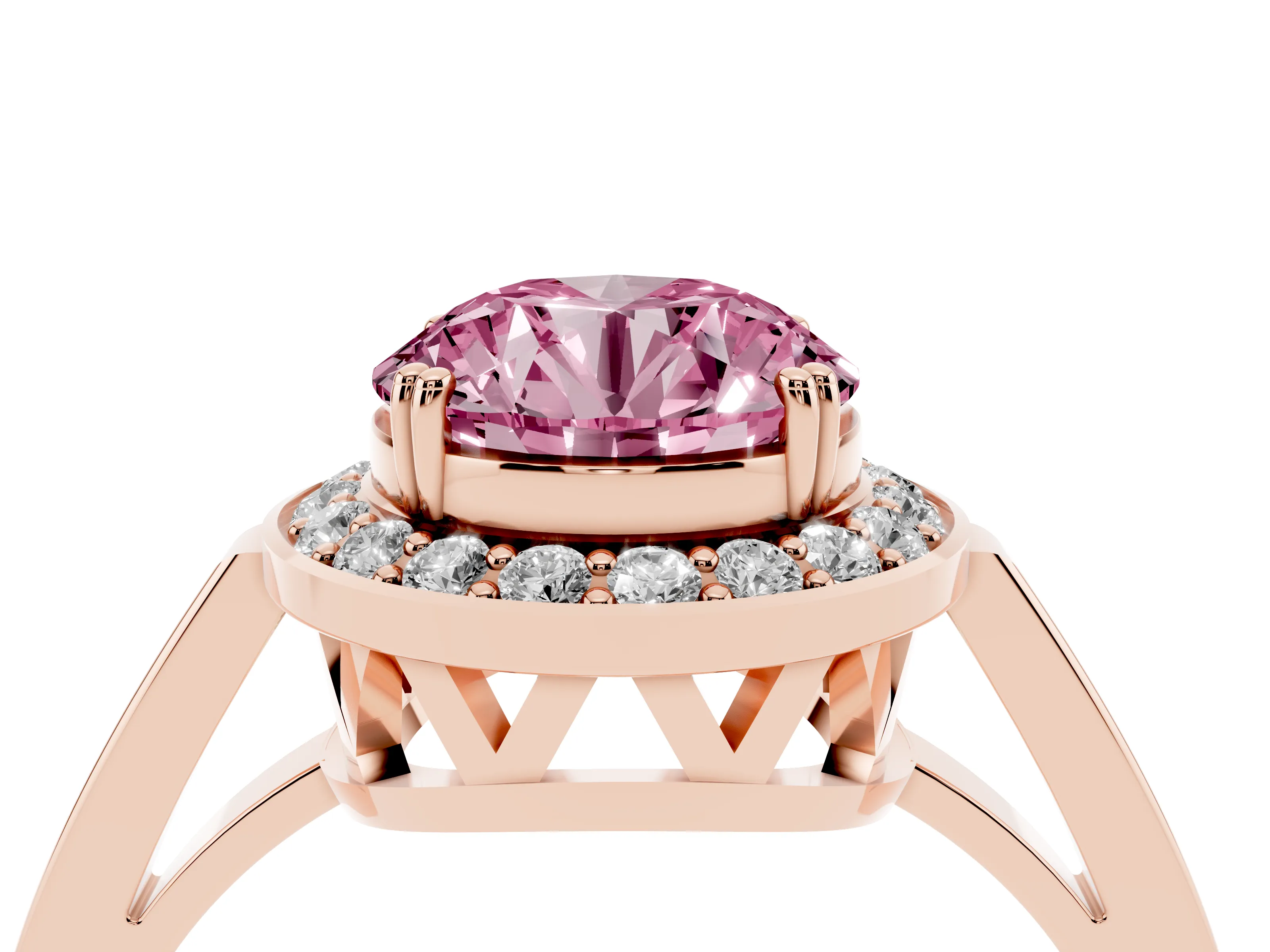Fancy Pink Round Cut Diamond Halo Ring Set in Rose gold with Accent-Lined Split Shank and Prong Setting