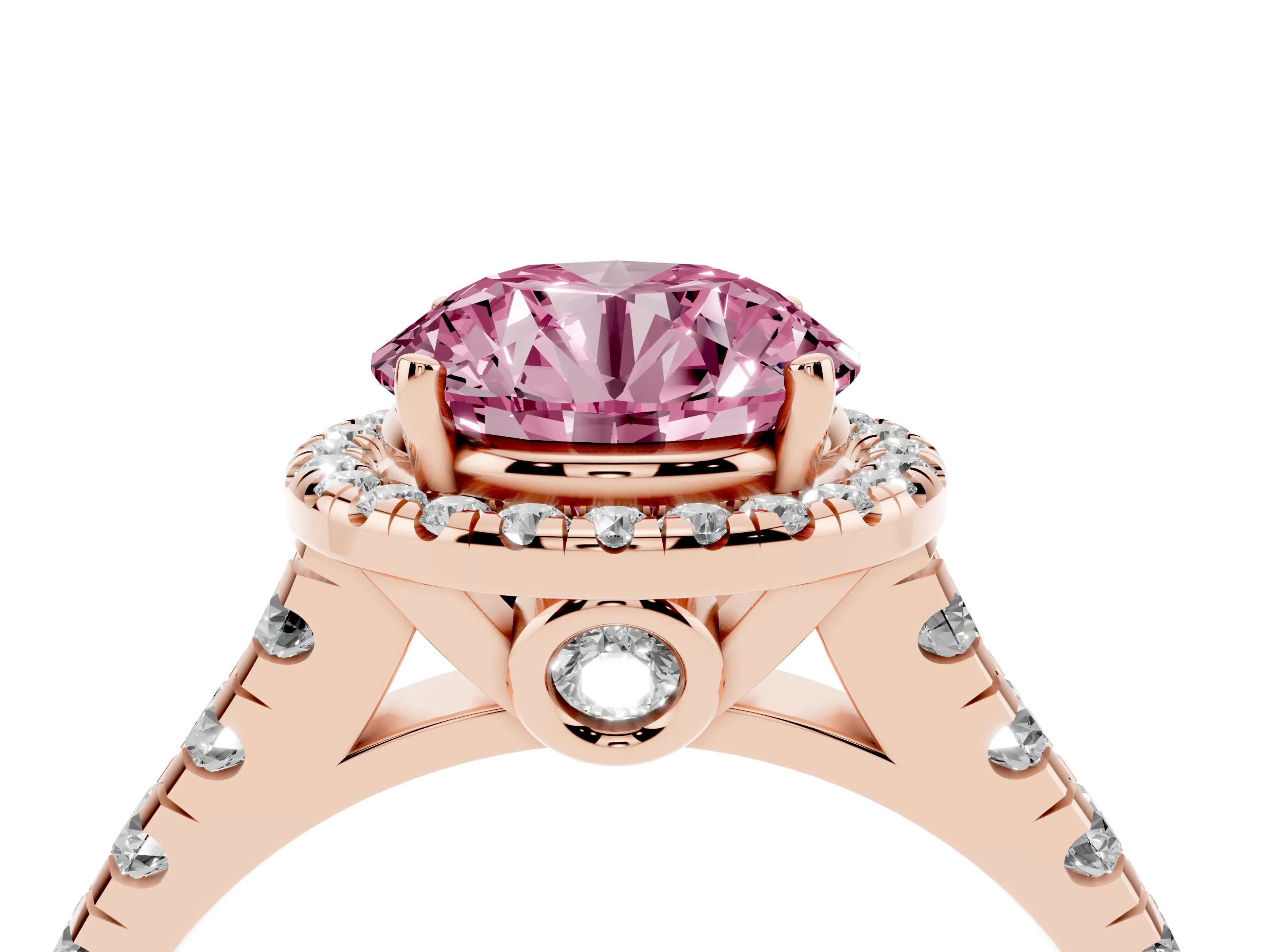 Fancy Pink Round Cut Diamond Halo Engagement Ring Set in Rose gold with Pavé Band and Prong-Set Center