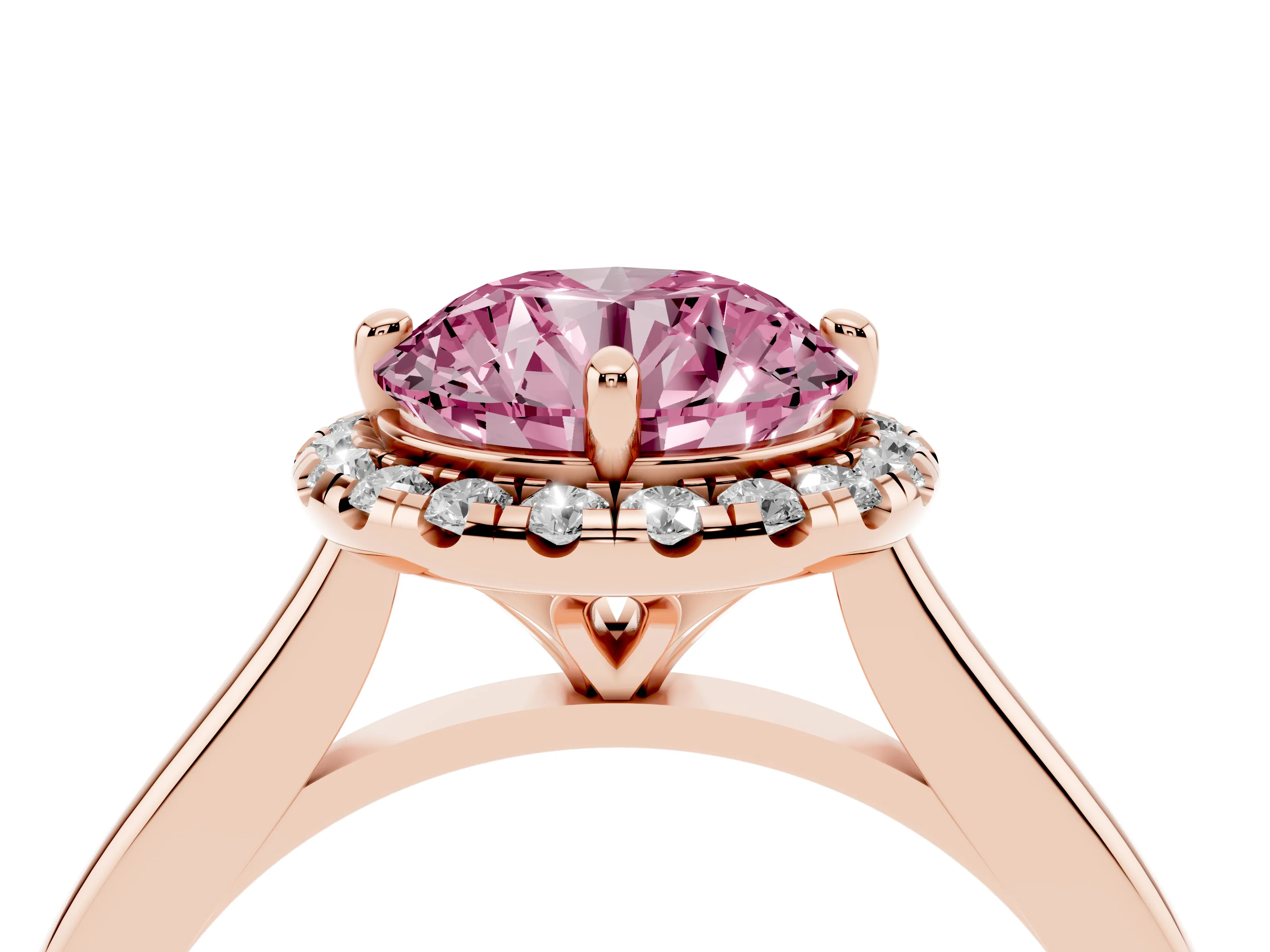 Fancy Pink Round Cut Diamond Halo Engagement Ring Set in Rose gold with Pavé Band and Rising Shoulders