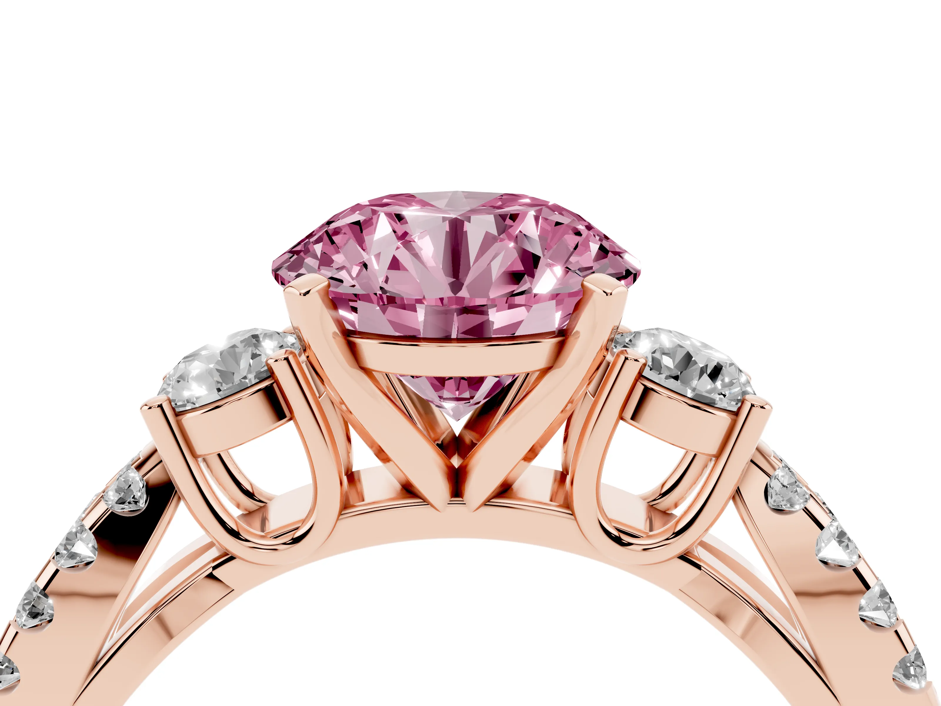 Fancy Pink Round Cut Diamond Three-Stone Ring Set in Rose gold with Pavé Split Shank and Prong Setting