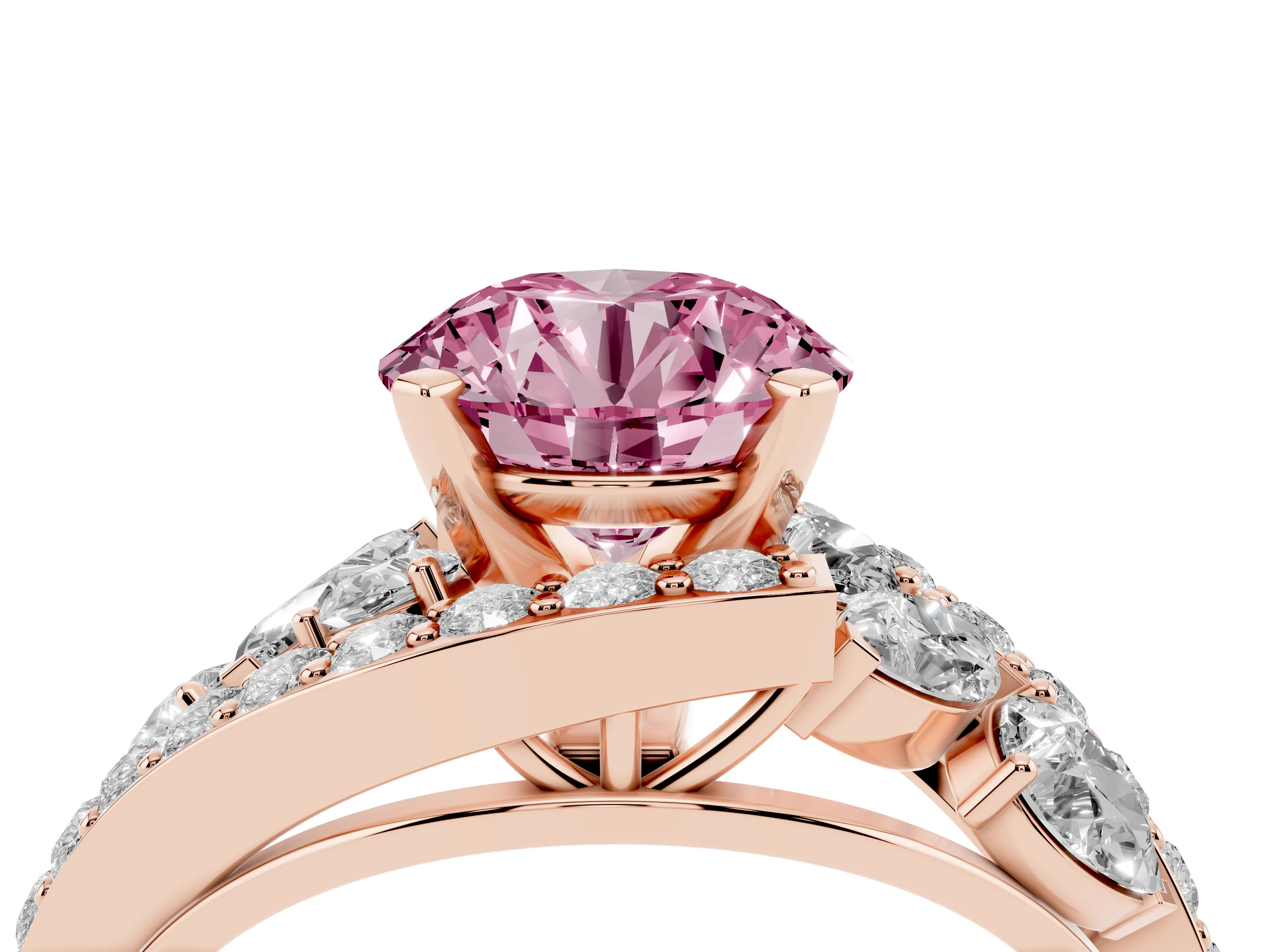 Fancy Pink Round Cut Diamond Halo Ring Set in Rose gold with Marquise and Pavé Band in Prong Setting