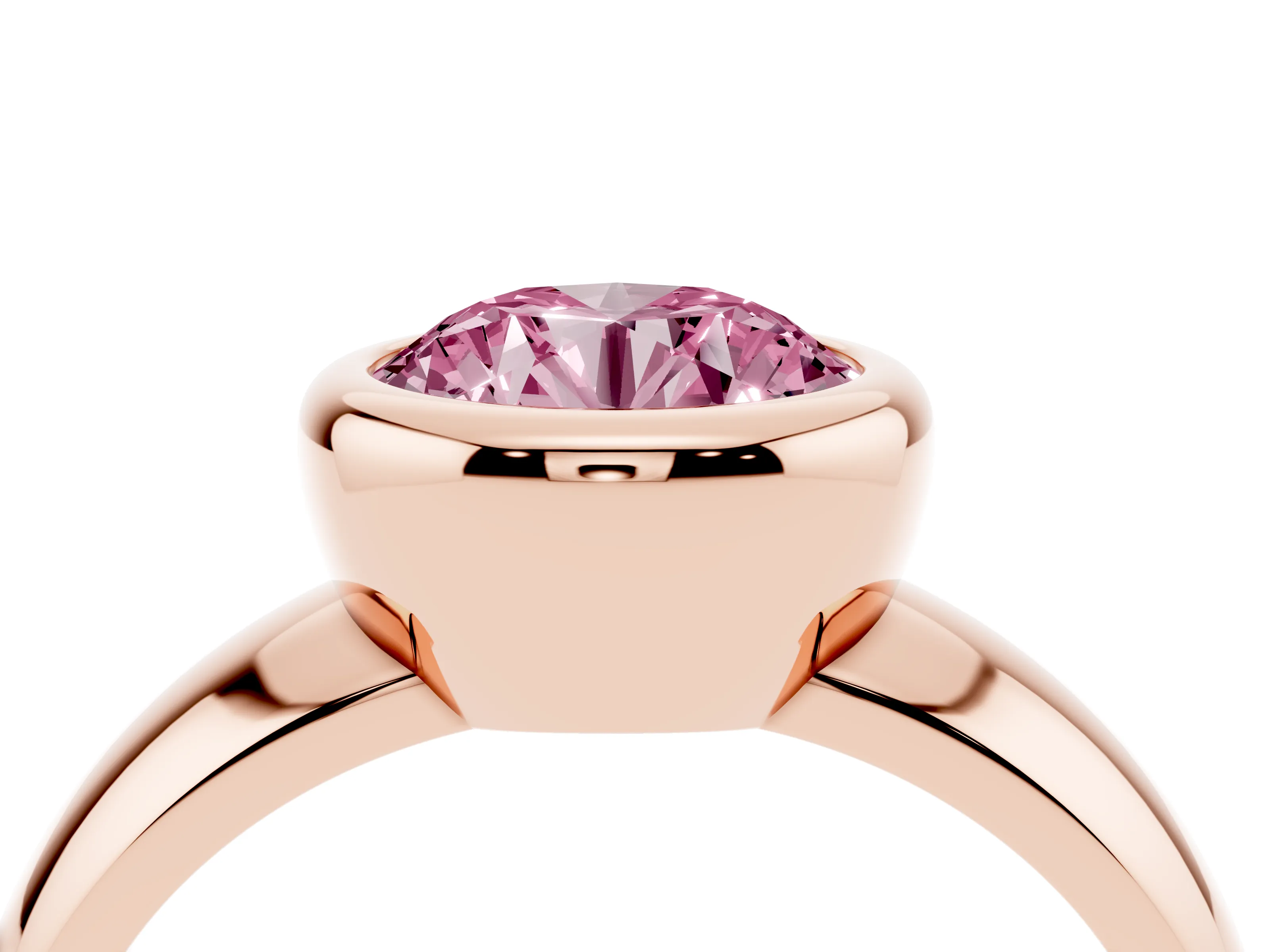 Fancy Pink Bezel Set Round Cut Diamond Solitaire Ring Set in Rose gold with Wide Band