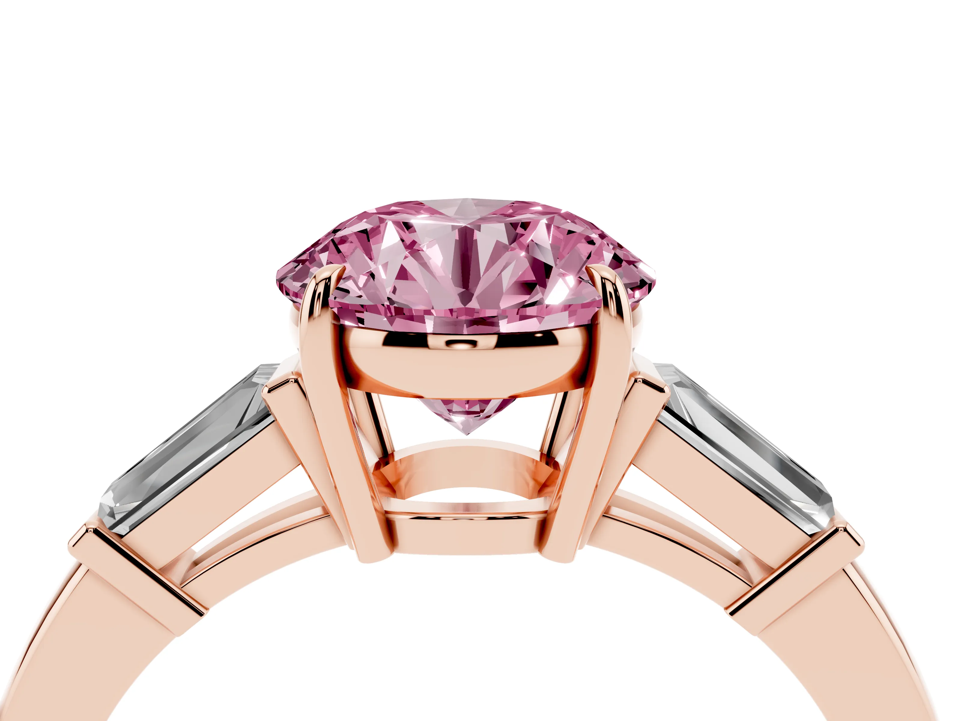 Fancy Pink Round Cut Diamond Three-Stone Ring Set in Rose gold with Tapered Baguette Side Stones and Prong Setting