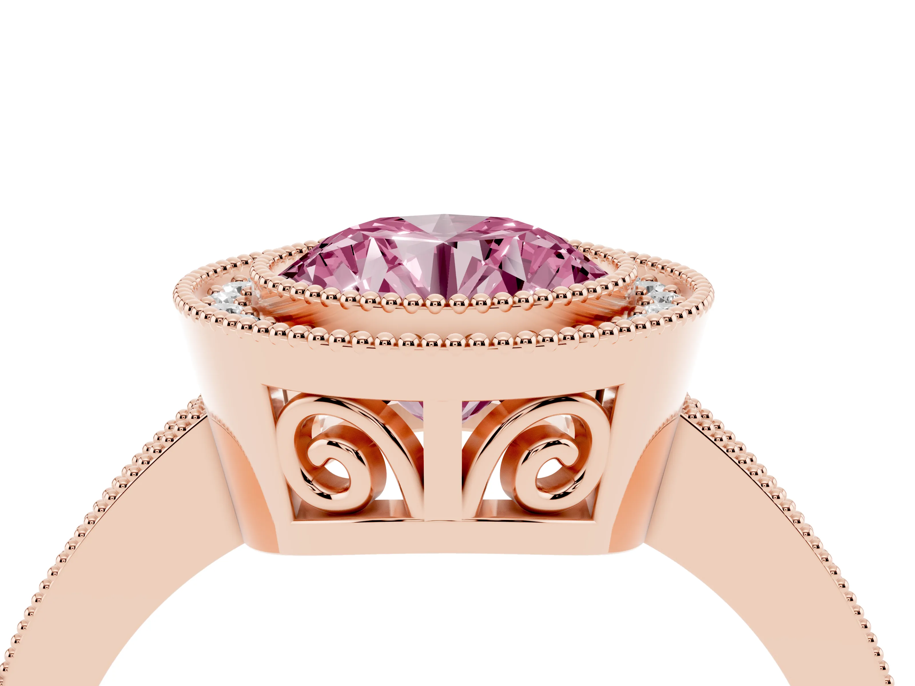Fancy Pink Round Cut Diamond Round Halo Ring Set in Rose gold with Pavé Band