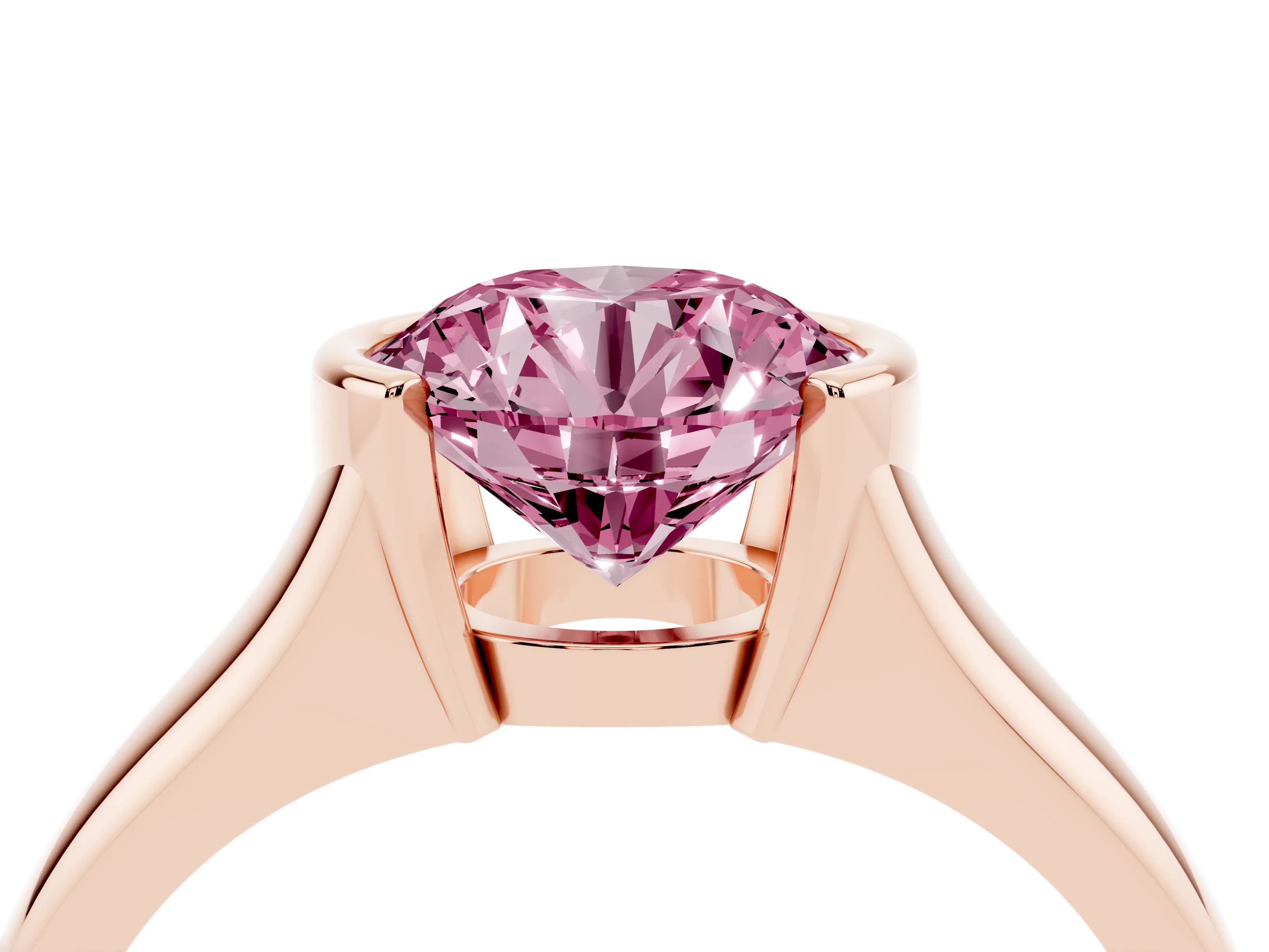 Fancy Pink Round Cut Diamond Solitaire Tension Set Ring Set in Rose gold with Split Shank Band