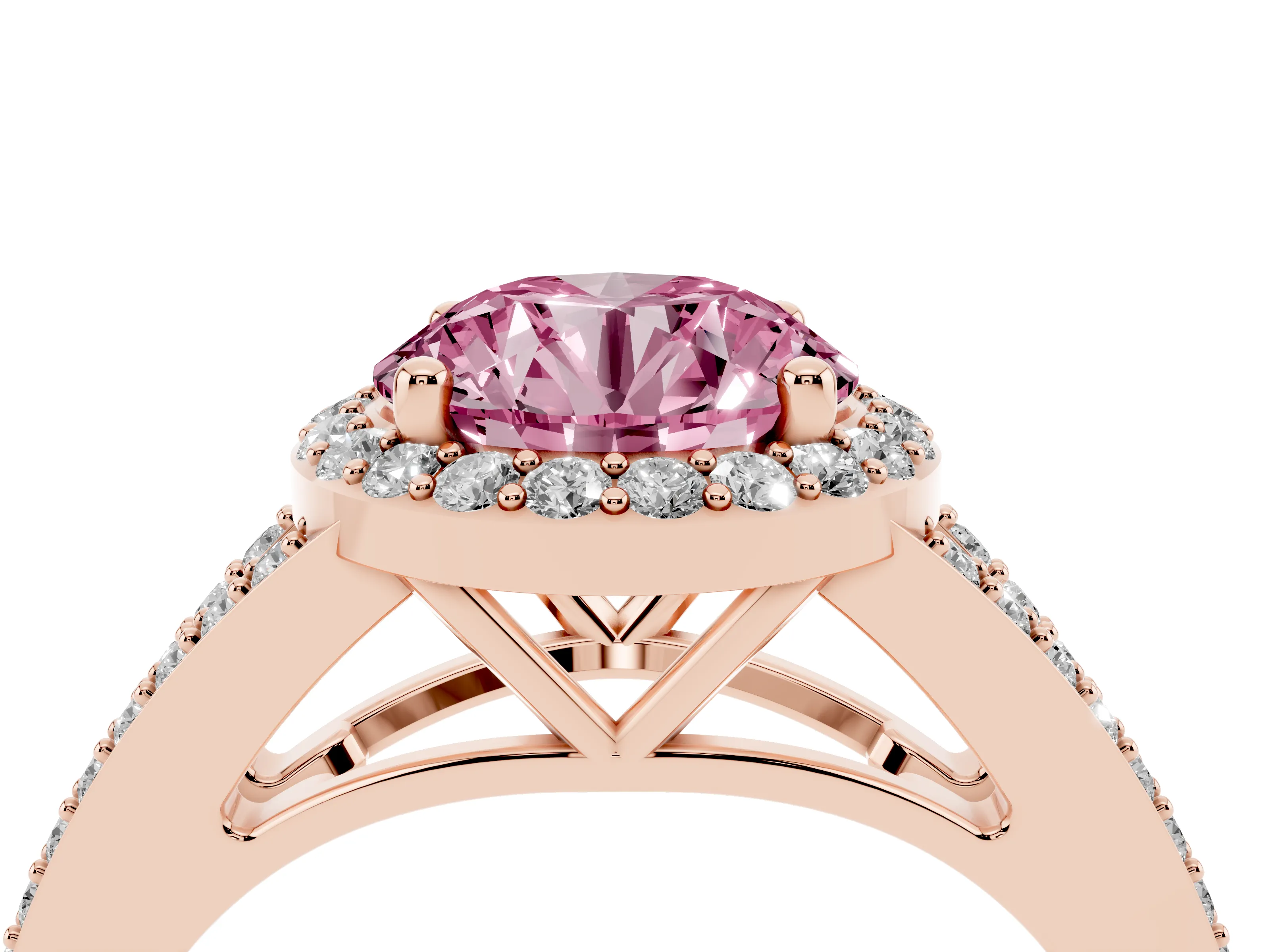 Fancy Pink Round Cut Diamond Halo Split Shank Pavé Ring Set in Rose gold with Prong Setting