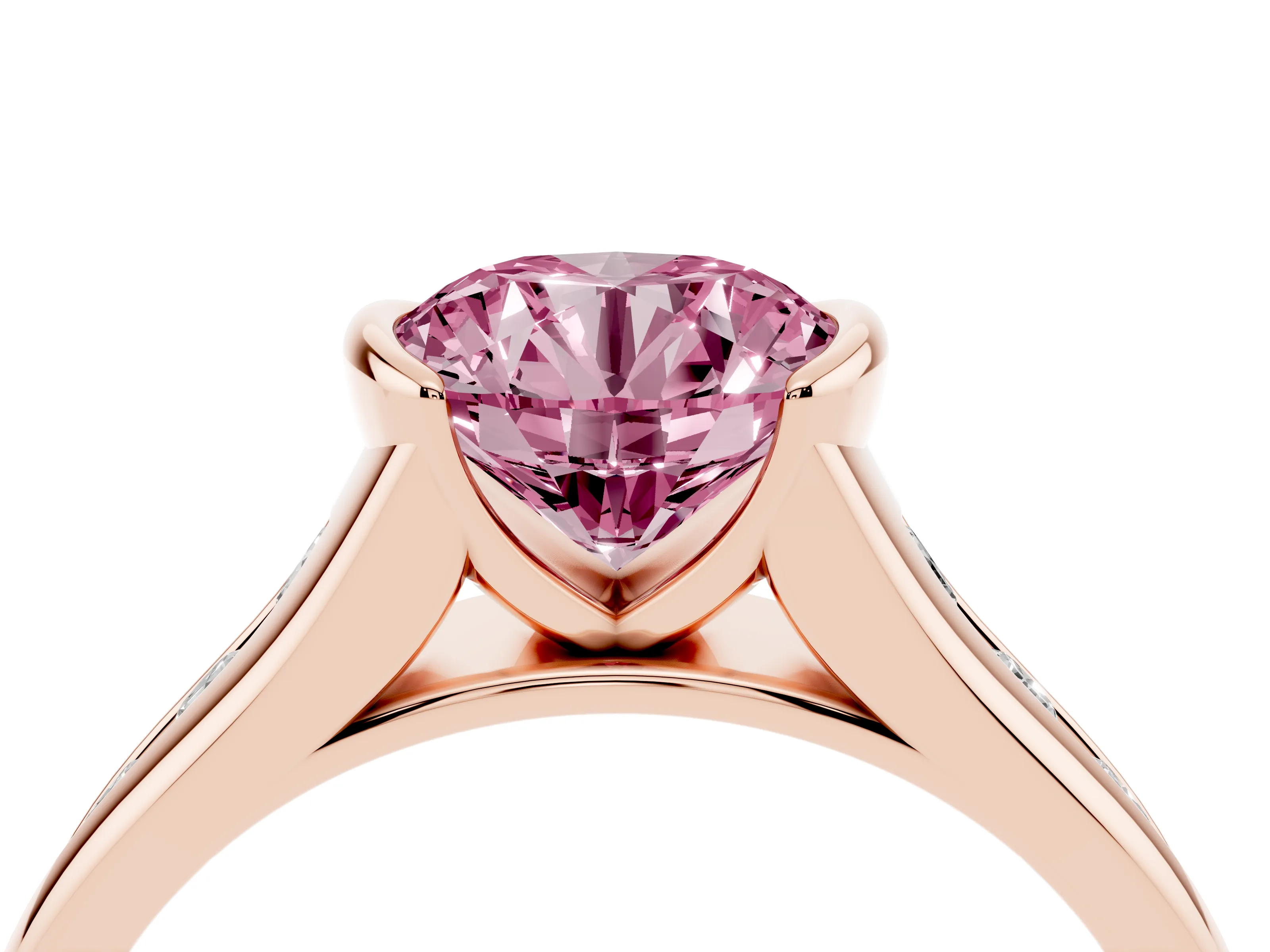 Fancy Pink Round Cut Diamond Bezel-Set Solitaire Ring Set in Rose gold with Channel-Set Band