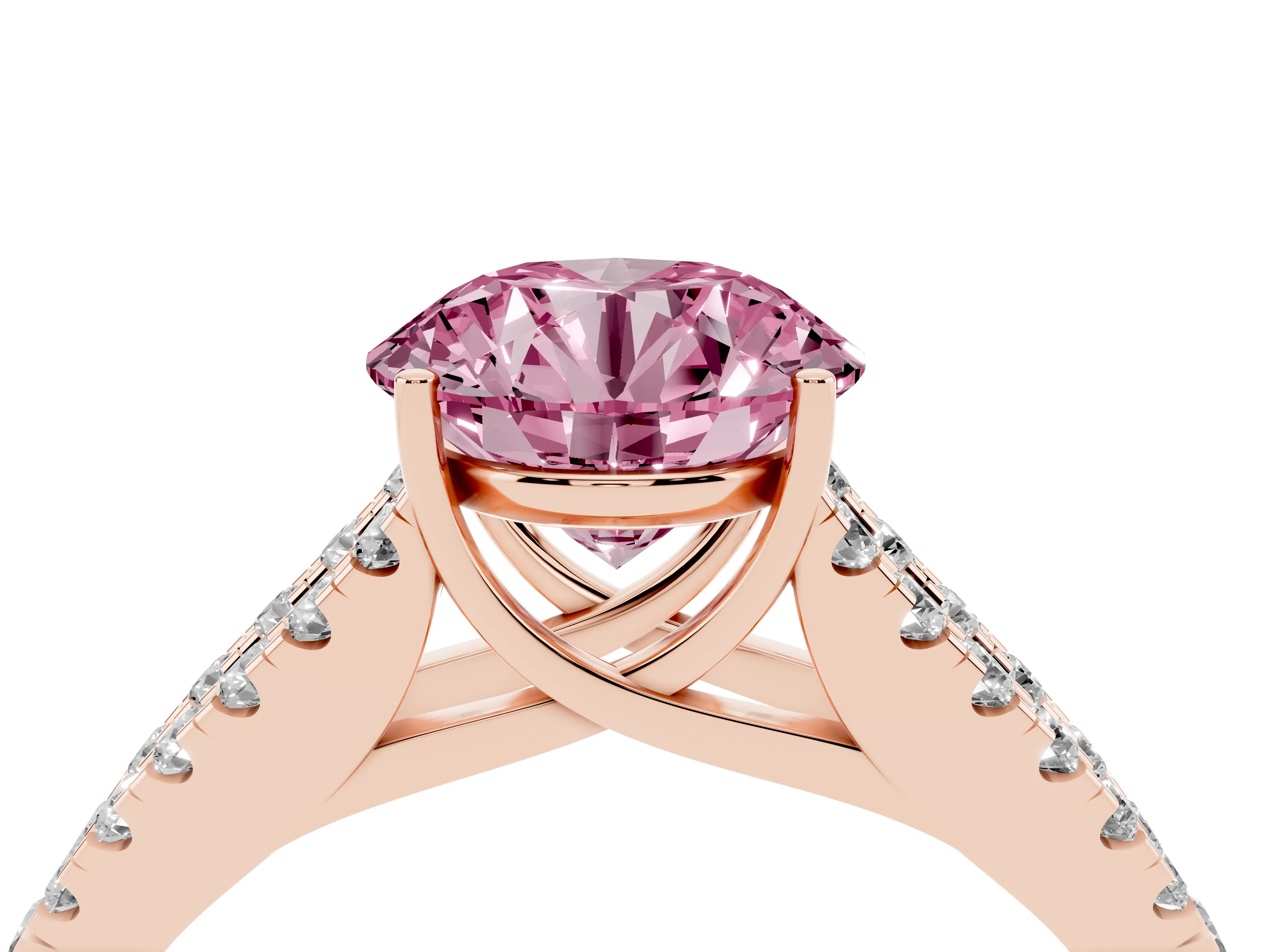Fancy Pink Round Cut Diamond Split Shank Pavé Engagement Ring Set in Rose gold with Prong-Held Center Stone