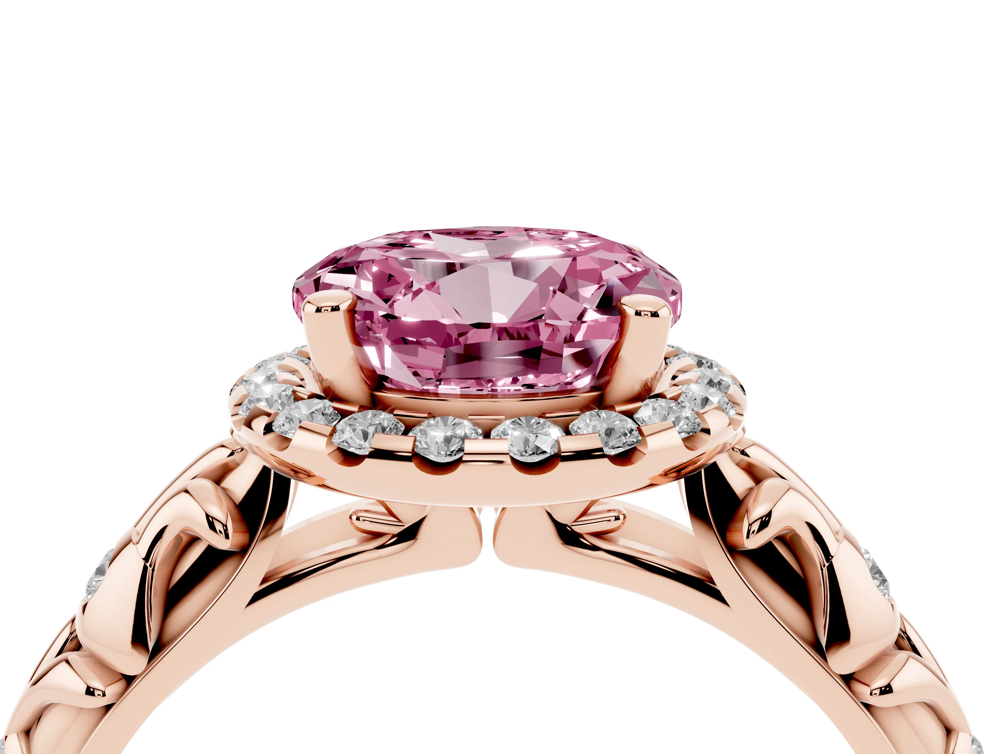 Fancy Pink Round Cut Diamond Halo Ring Set in Rose gold with Filigree Leaf Band and Prong Setting