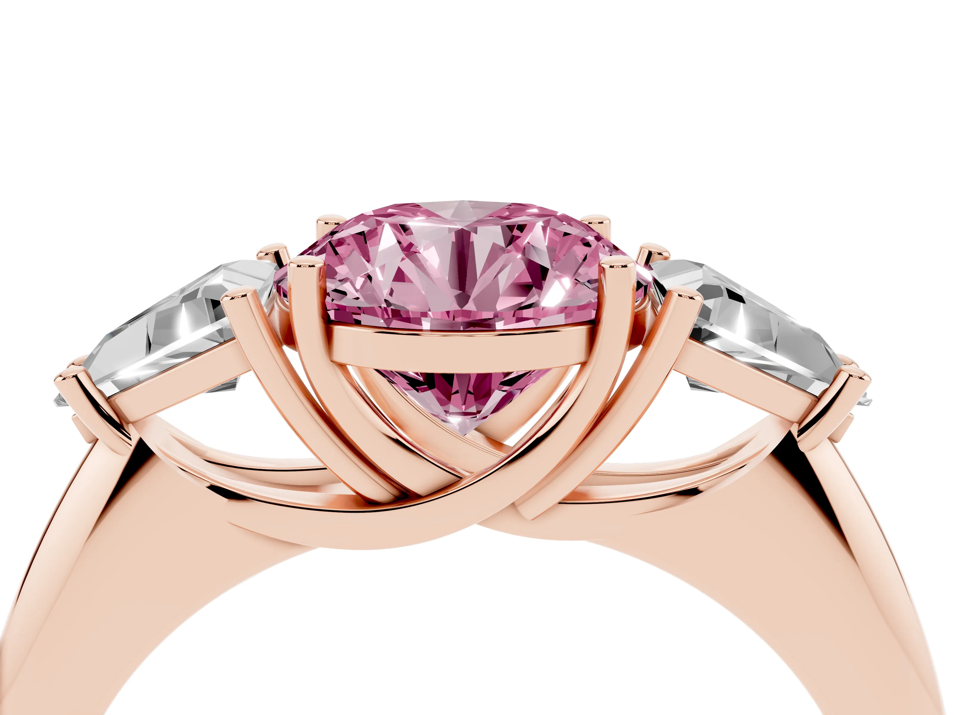 Fancy Pink Round Cut Diamond Three-Stone Engagement Ring Set in Rose gold with Trillion Side Stones