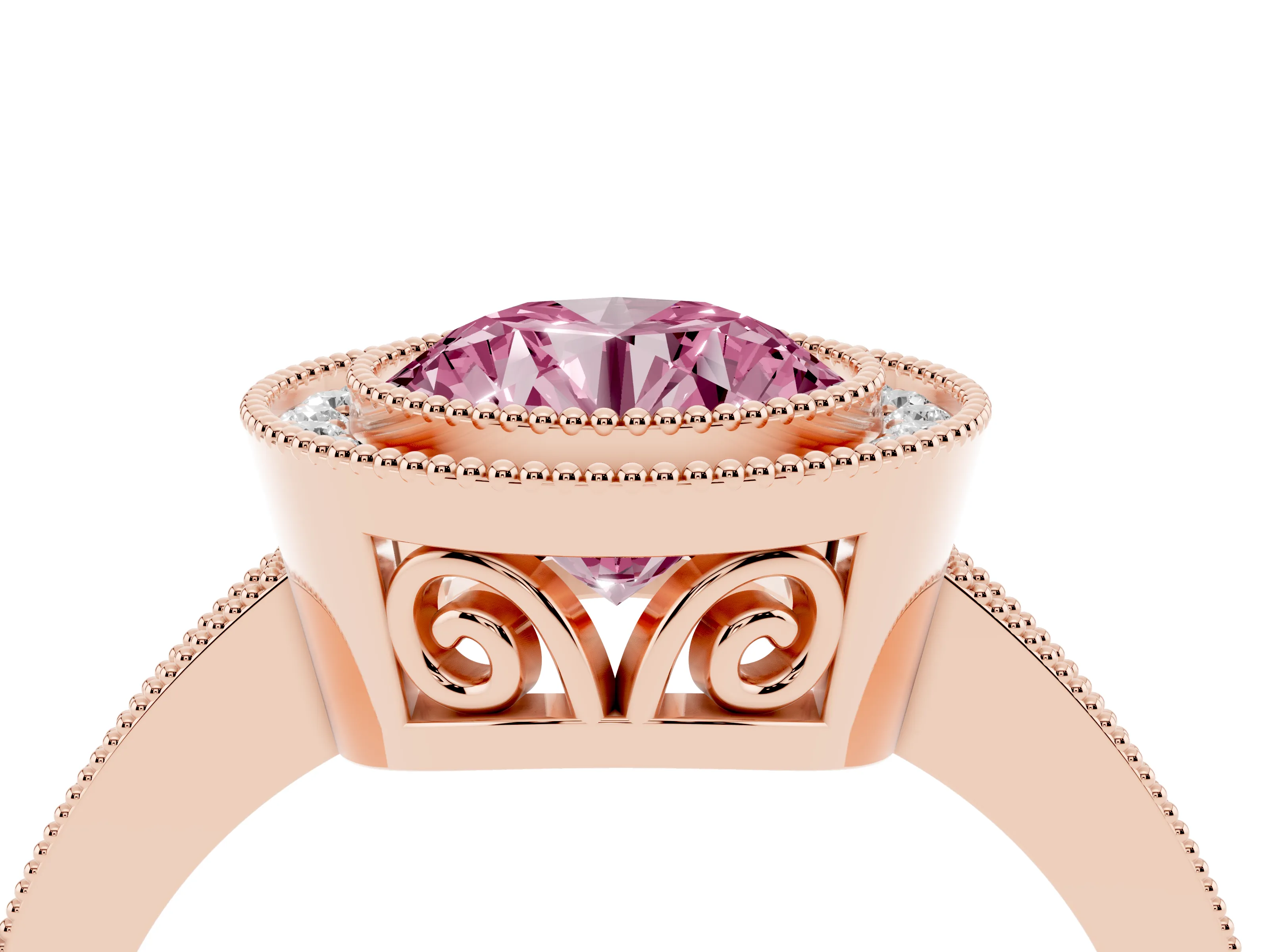 Fancy Pink Round Cut Diamond Halo Ring Set in Rose gold with Pavé Band and Milgrain-Edged Prongs