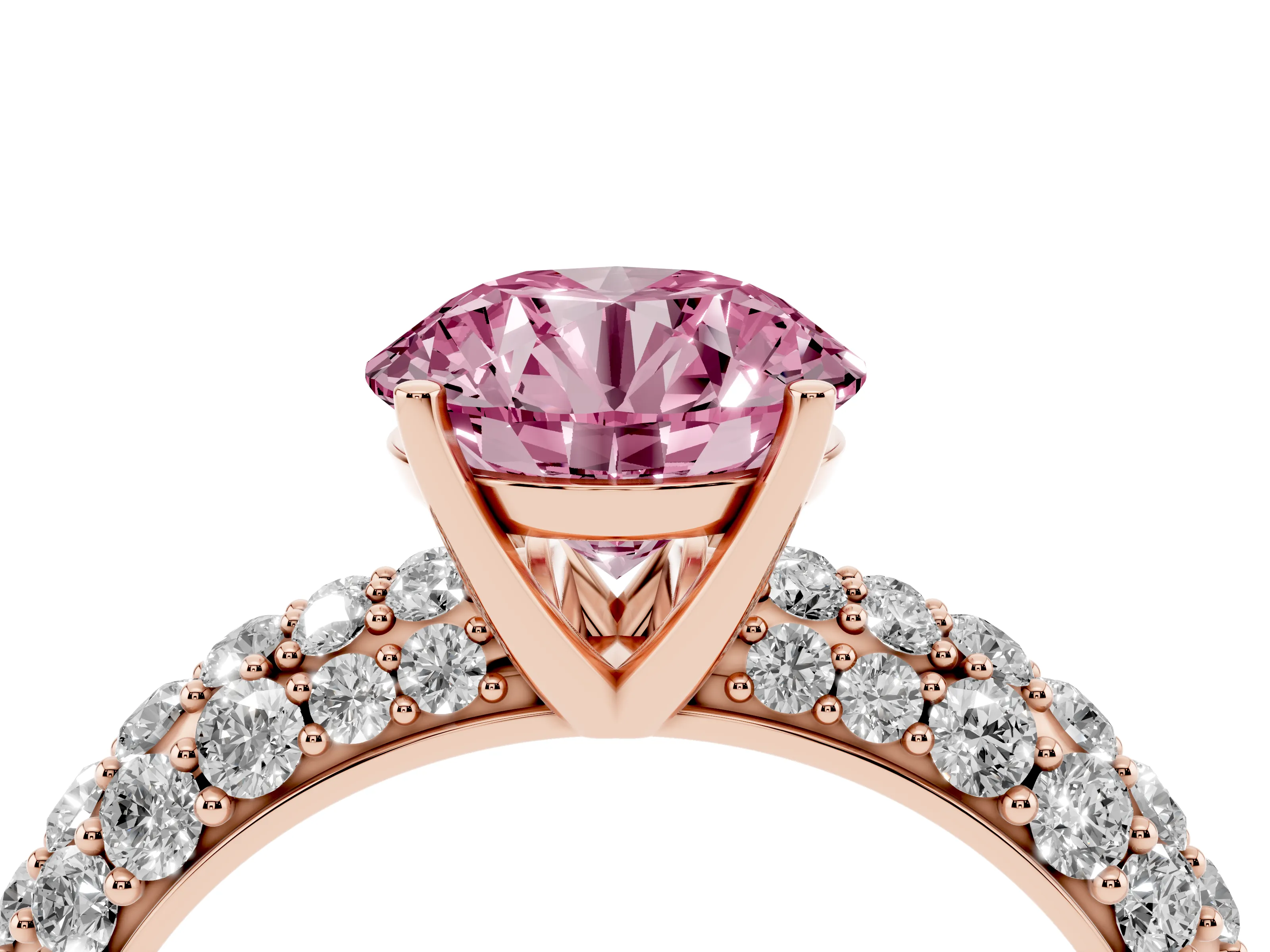 Fancy Pink Round Cut Diamond Pavé Band Solitaire Ring Set in Rose gold with Close-Set Accent Stones and Prong Setting