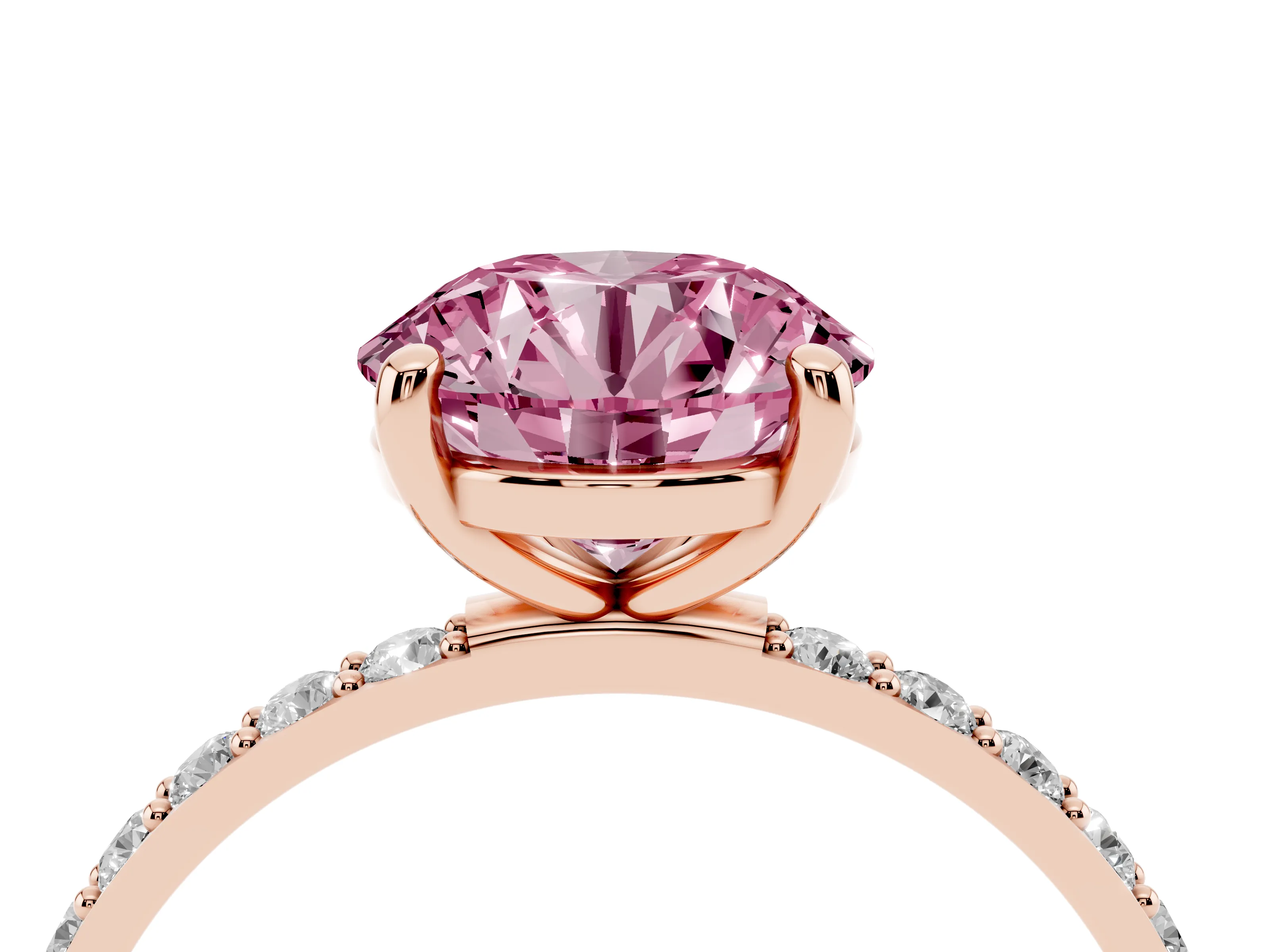 Fancy Pink Round Cut Diamond Solitaire Ring Set in Rose gold with Round Pavé Band and Prong Setting
