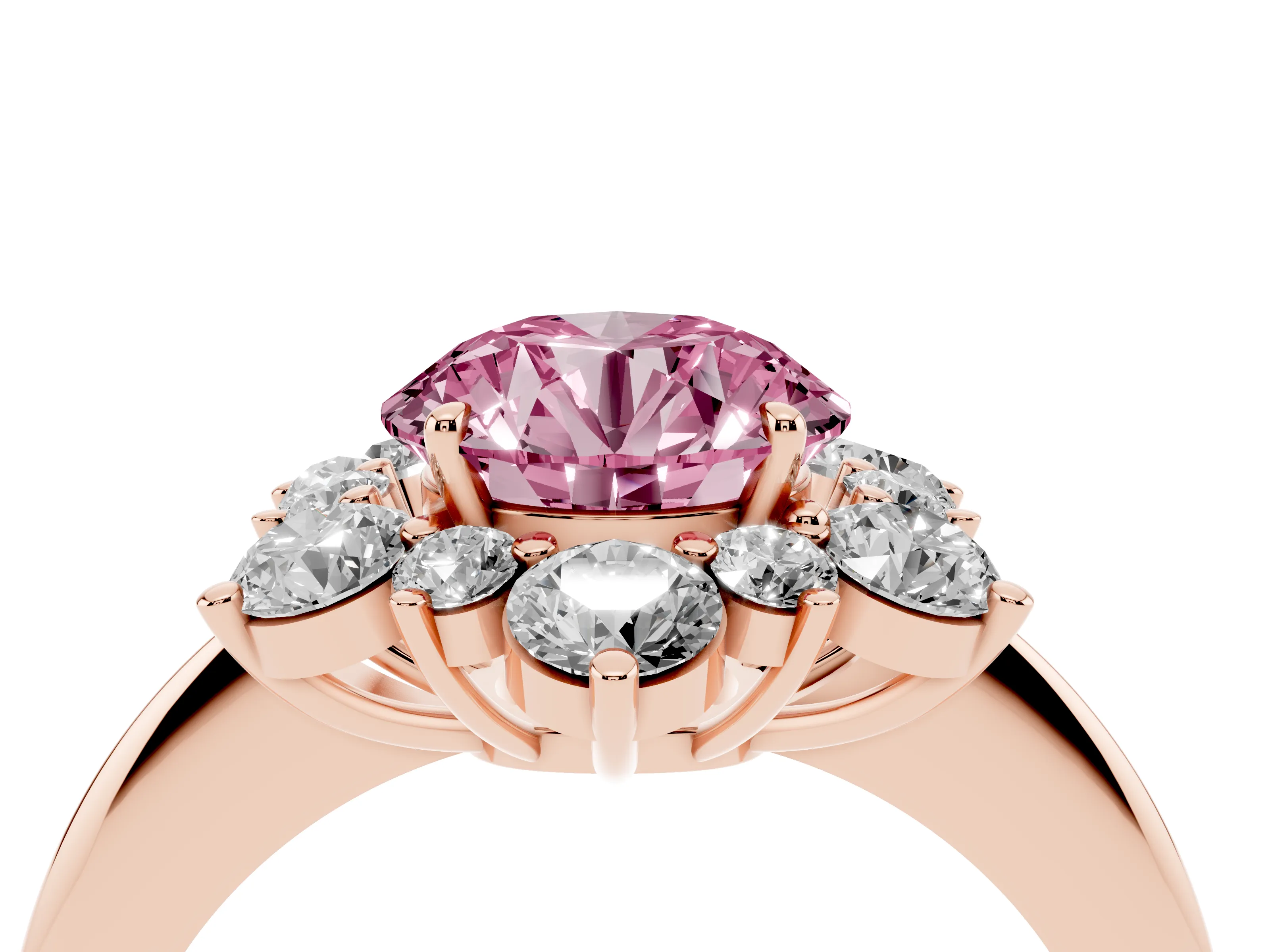 Fancy Pink Round Cut Diamond Cluster Halo Ring Set in Rose gold with Solitaire Band and Prong Setting
