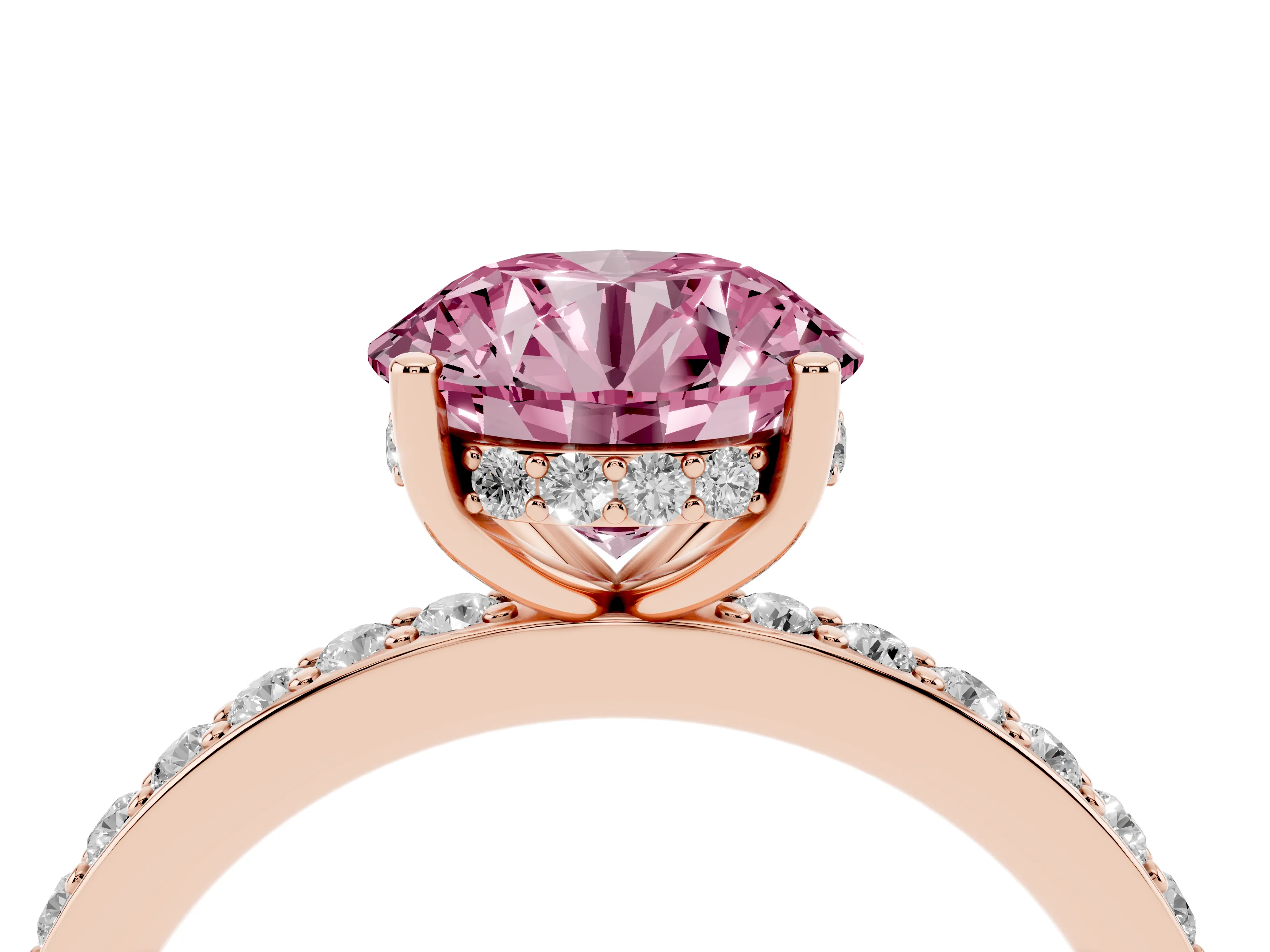 Fancy Pink Round Cut Diamond Pavé Band Ring Set in Rose gold with Prong-Set Center Stone