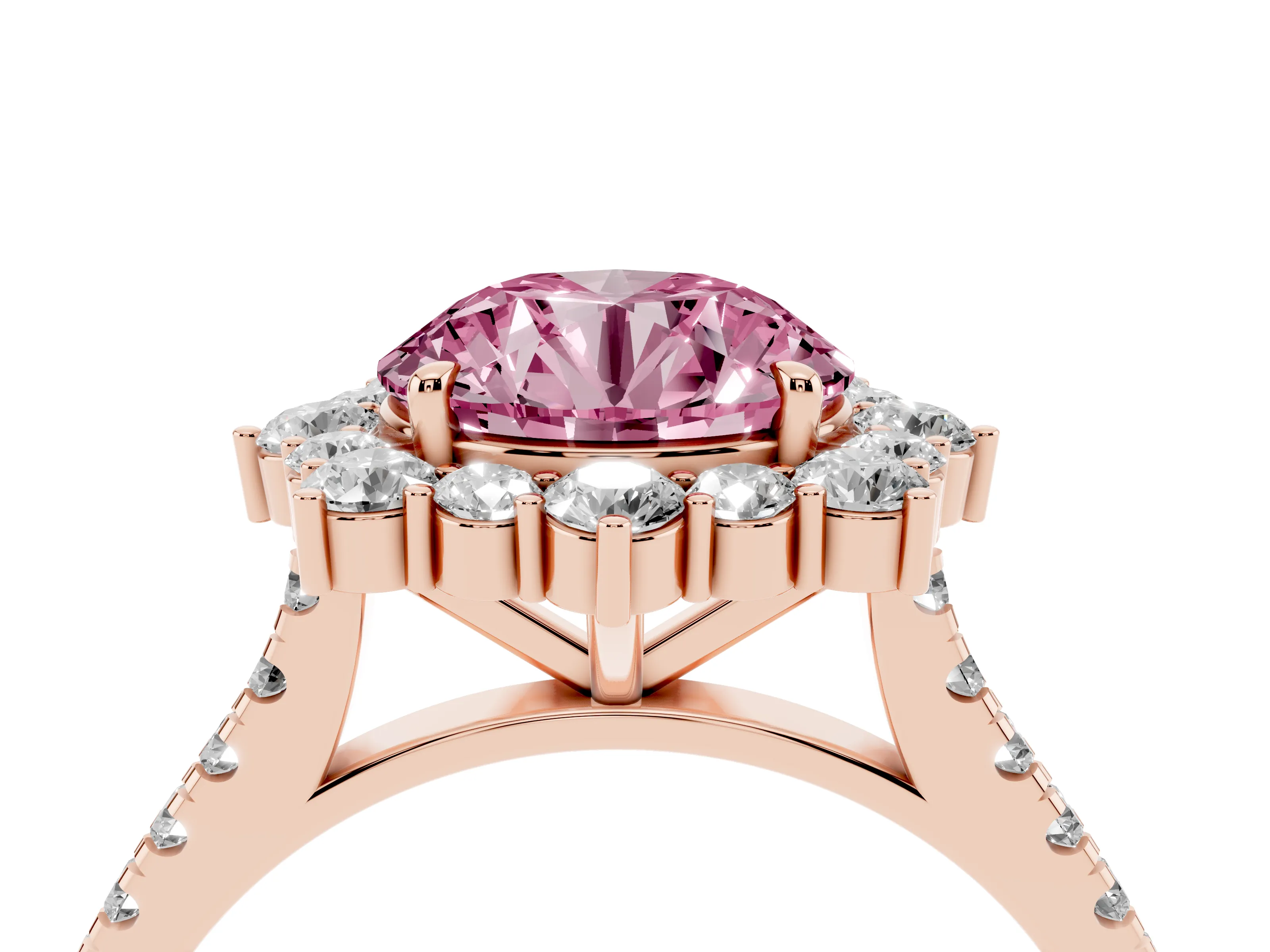Fancy Pink Round Cut Diamond Halo Ring Set in Rose gold with Pavé Band and Prong Setting