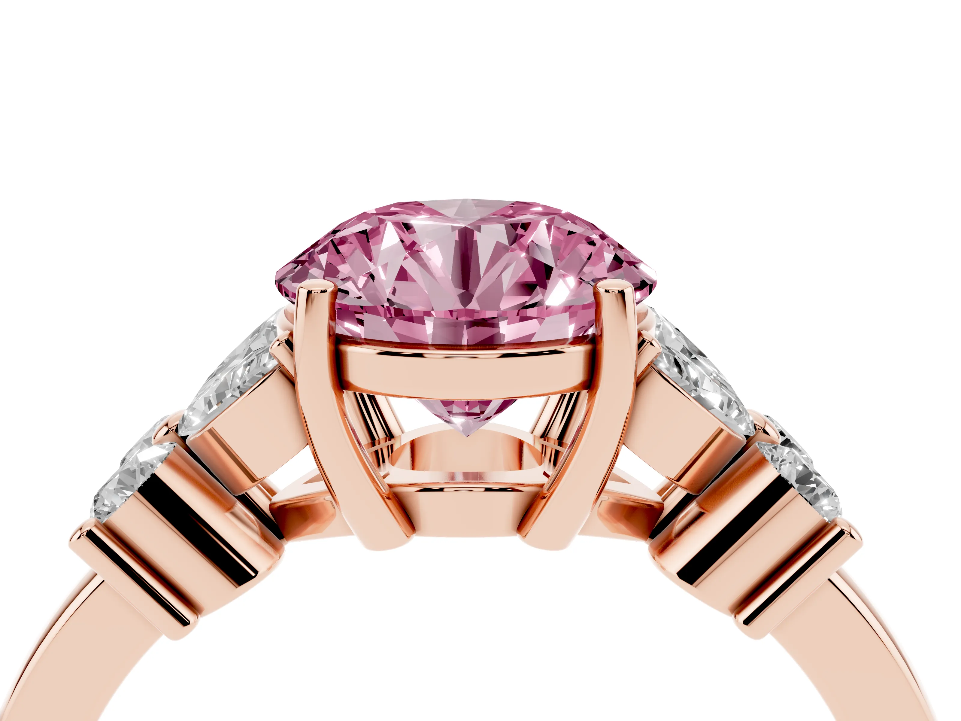 Fancy Pink Round Cut Diamond Floral Cluster Ring Set in Rose gold with Marquise Petals and Prong Setting