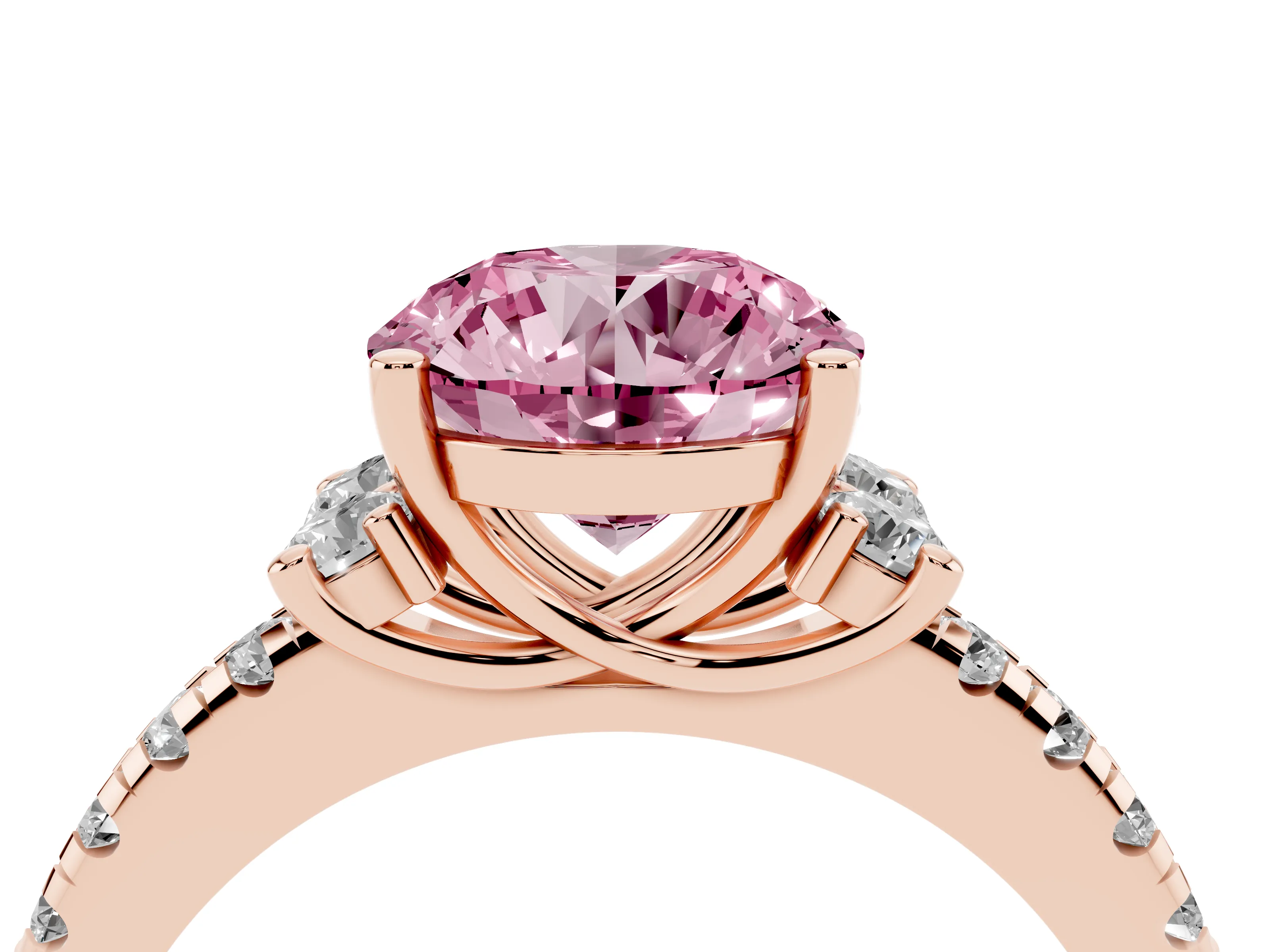 Fancy Pink Round Cut Diamond Three-Stone Pavé Ring Set in Rose gold with Prong Setting