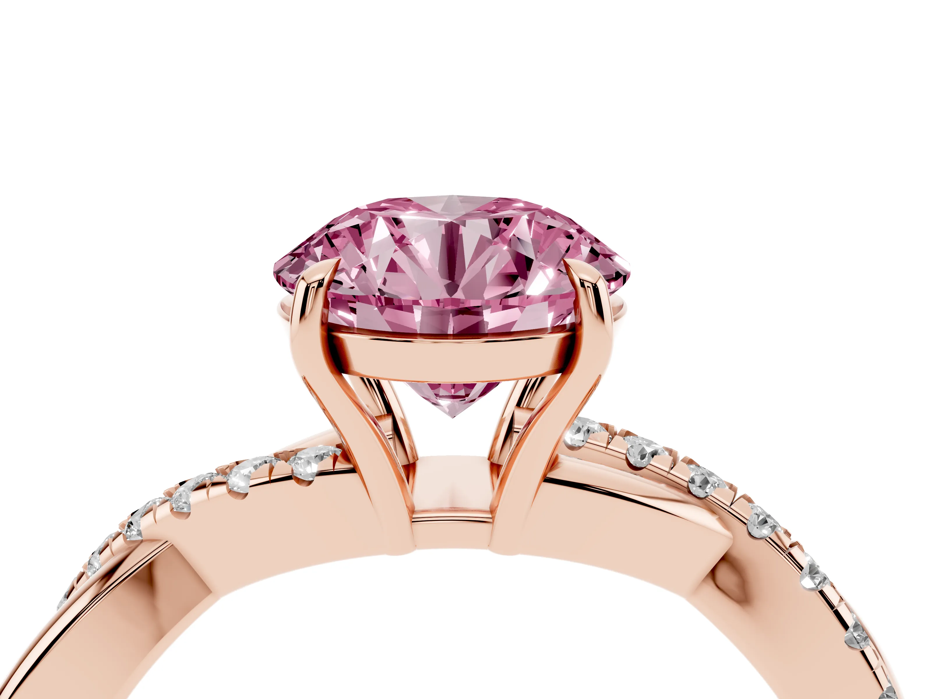 Fancy Pink Round Cut Diamond Twisted Pavé Band Ring Set in Rose gold with Prong Setting