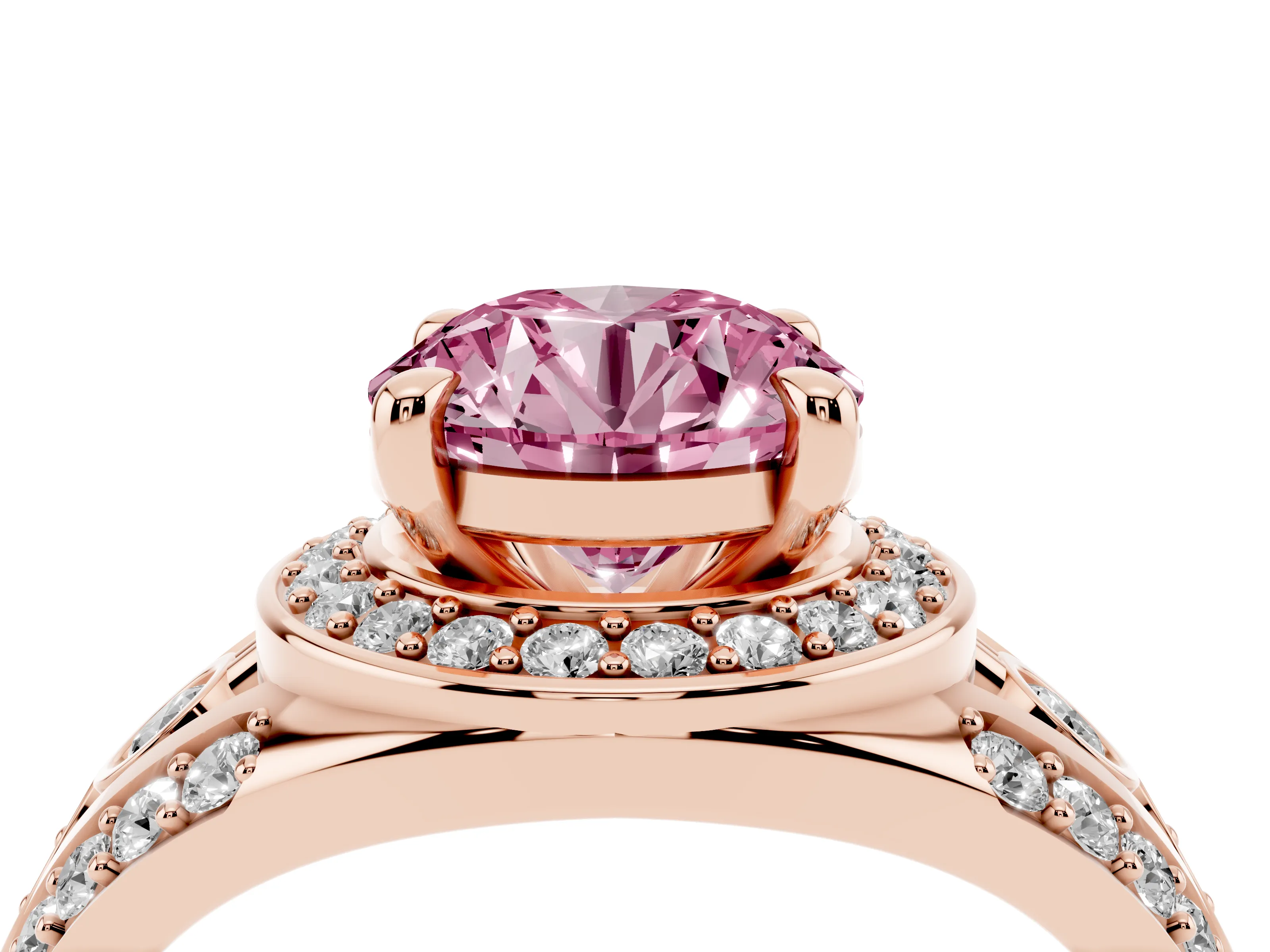 Fancy Pink Round Cut Diamond Halo Ring Set in Rose gold with Pavé Split Shank and Bezel Accents