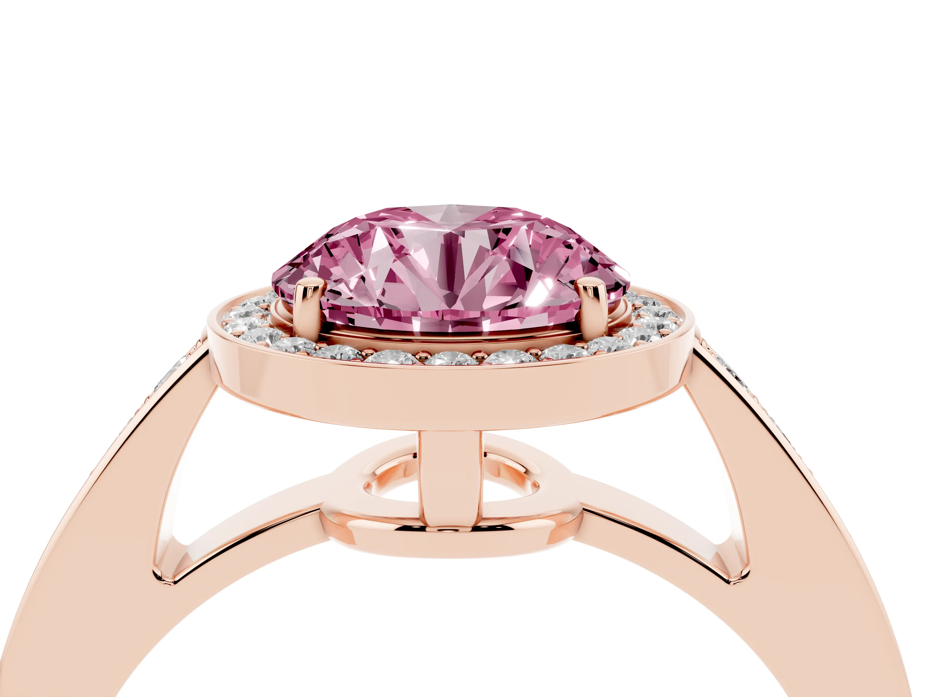 Fancy Pink Round Cut Diamond Halo Pavé Engagement Ring Set in Rose gold with Bezel Setting