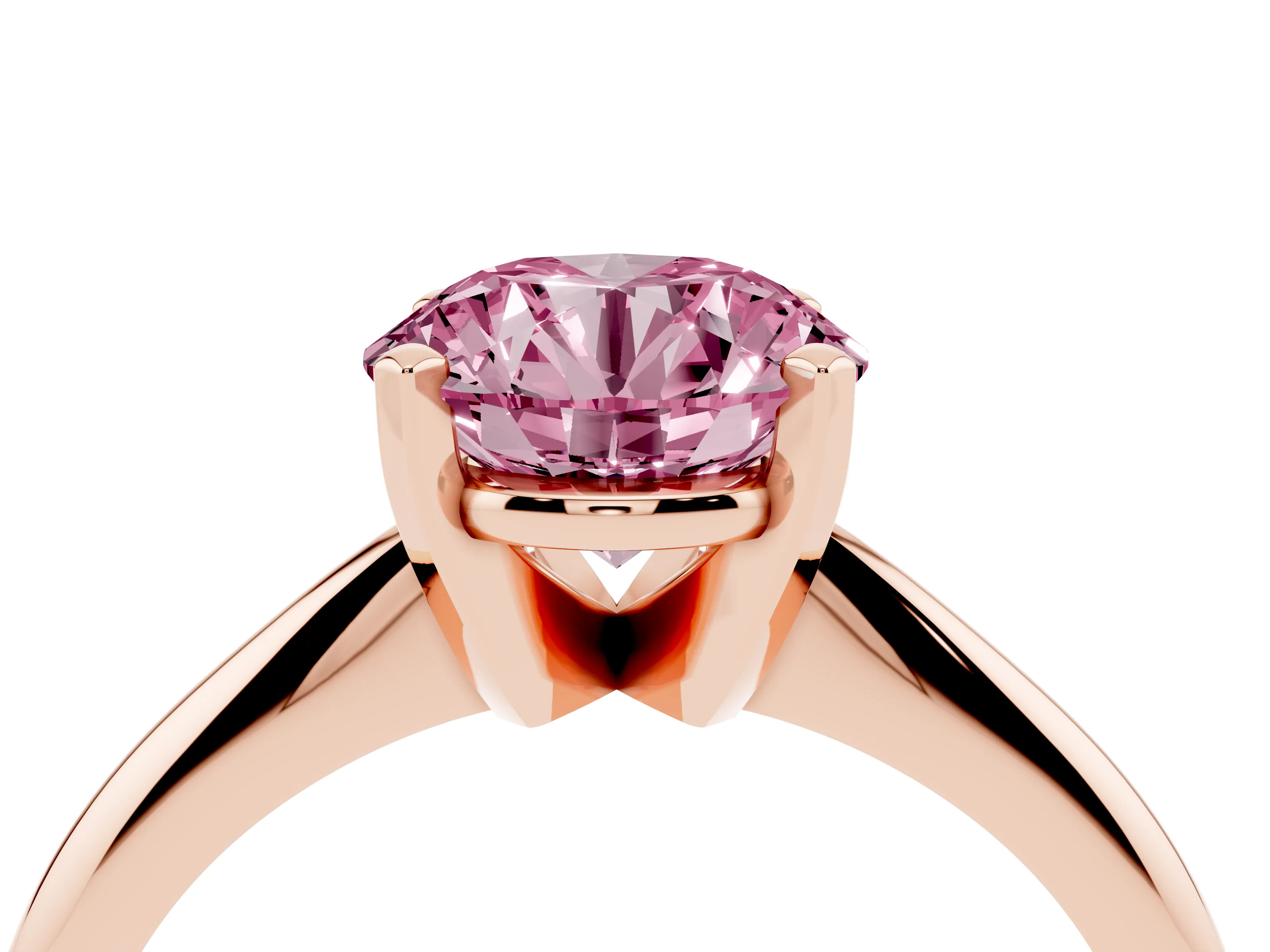 Fancy Pink Round Cut Diamond Solitaire Ring Set in Rose gold with Prong Setting on a Plain Round Band