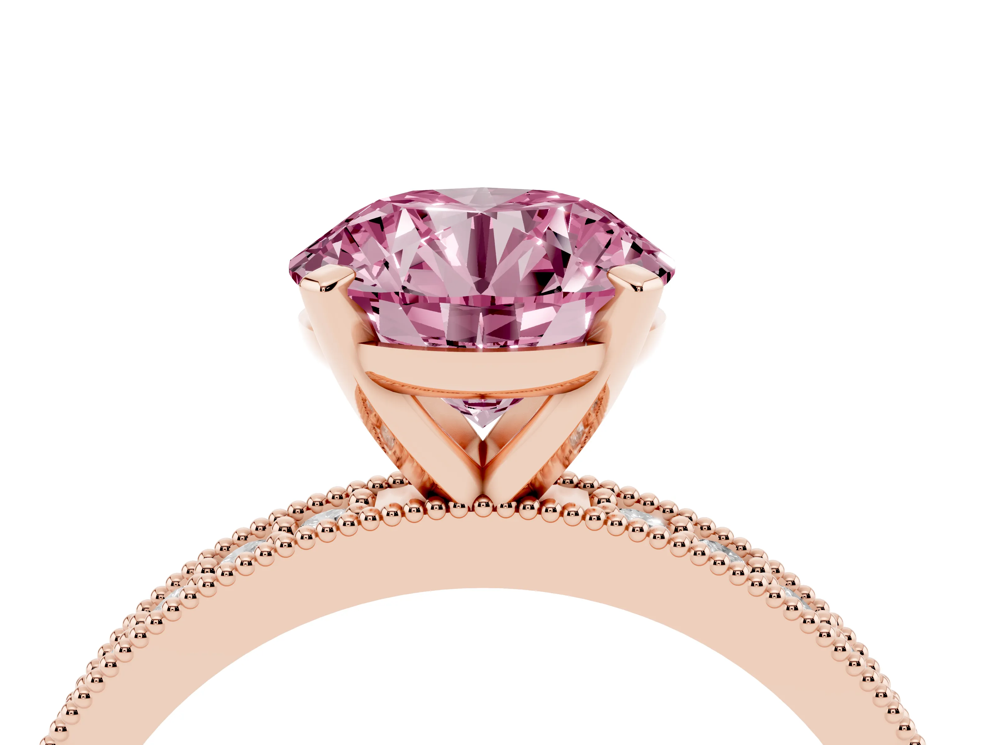 Fancy Pink Round Cut Diamond Milgrain Pavé Engagement Ring Set in Rose gold with Prong Setting