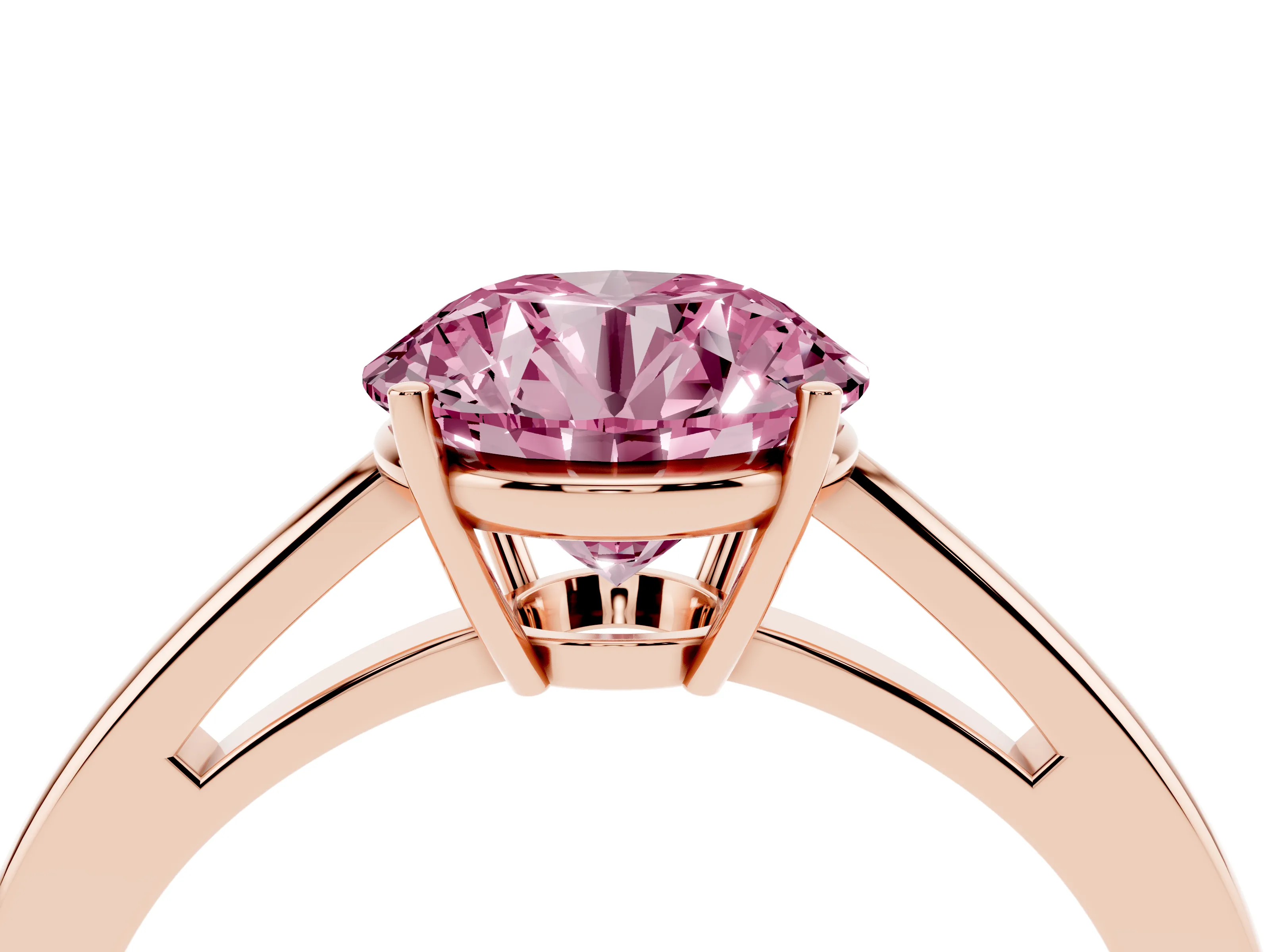 Fancy Pink Round Cut Diamond Solitaire Ring Set in Rose gold with Split Shank and Prong Setting