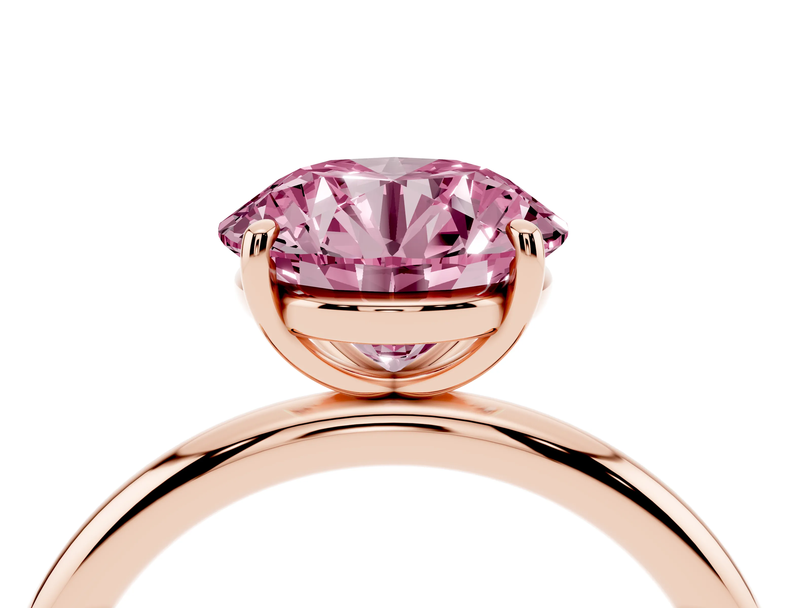 Fancy Pink Round Cut Diamond Solitaire Ring Set in Rose gold with Prong Setting on a Polished Plain Band