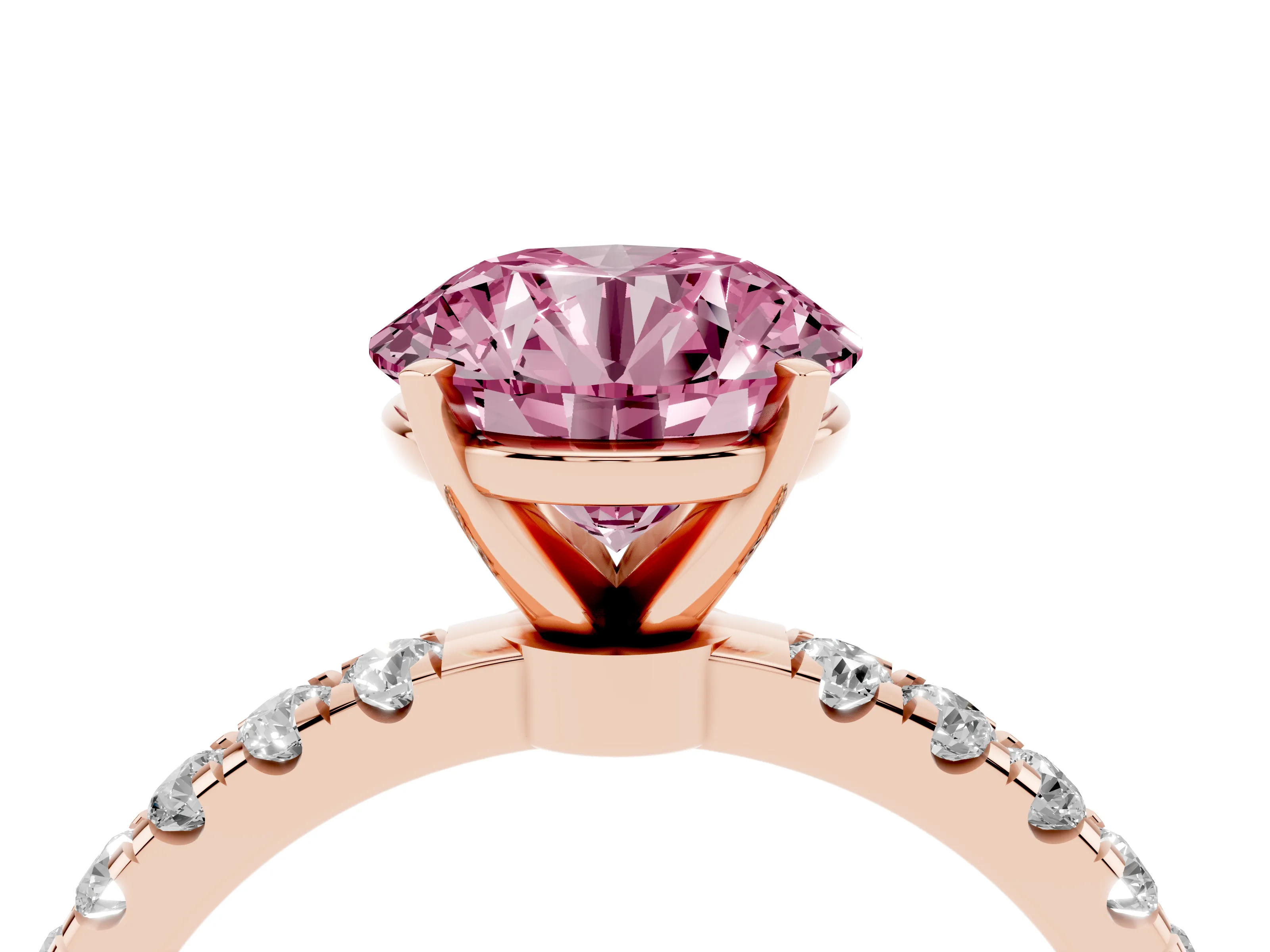 Fancy Pink Round Cut Diamond Solitaire Ring Set in Rose gold with Pavé Accents and Prong Setting