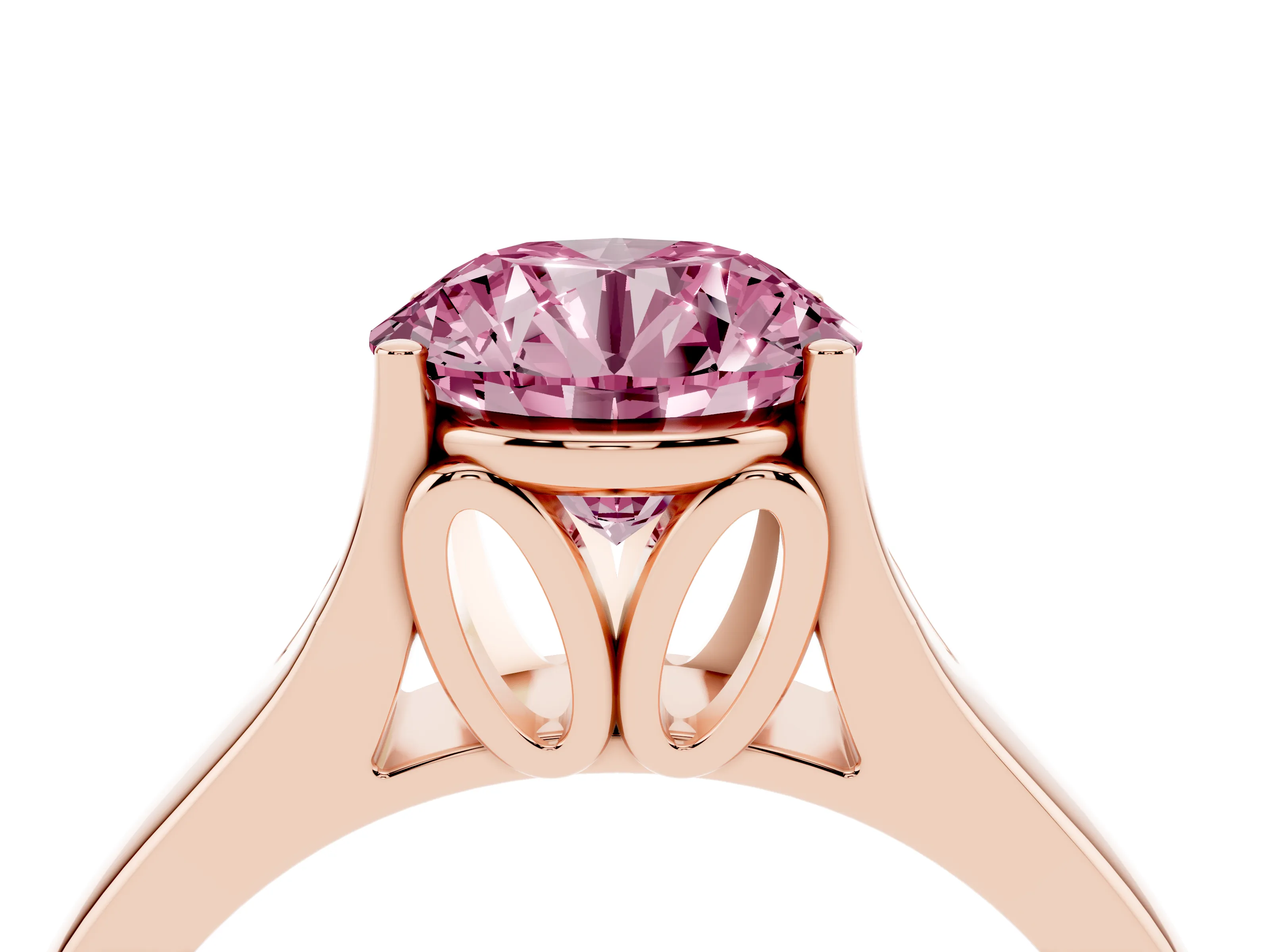 Fancy Pink Round Cut Diamond Solitaire Ring Set in Rose gold with Arched Cathedral Band and Prong Setting