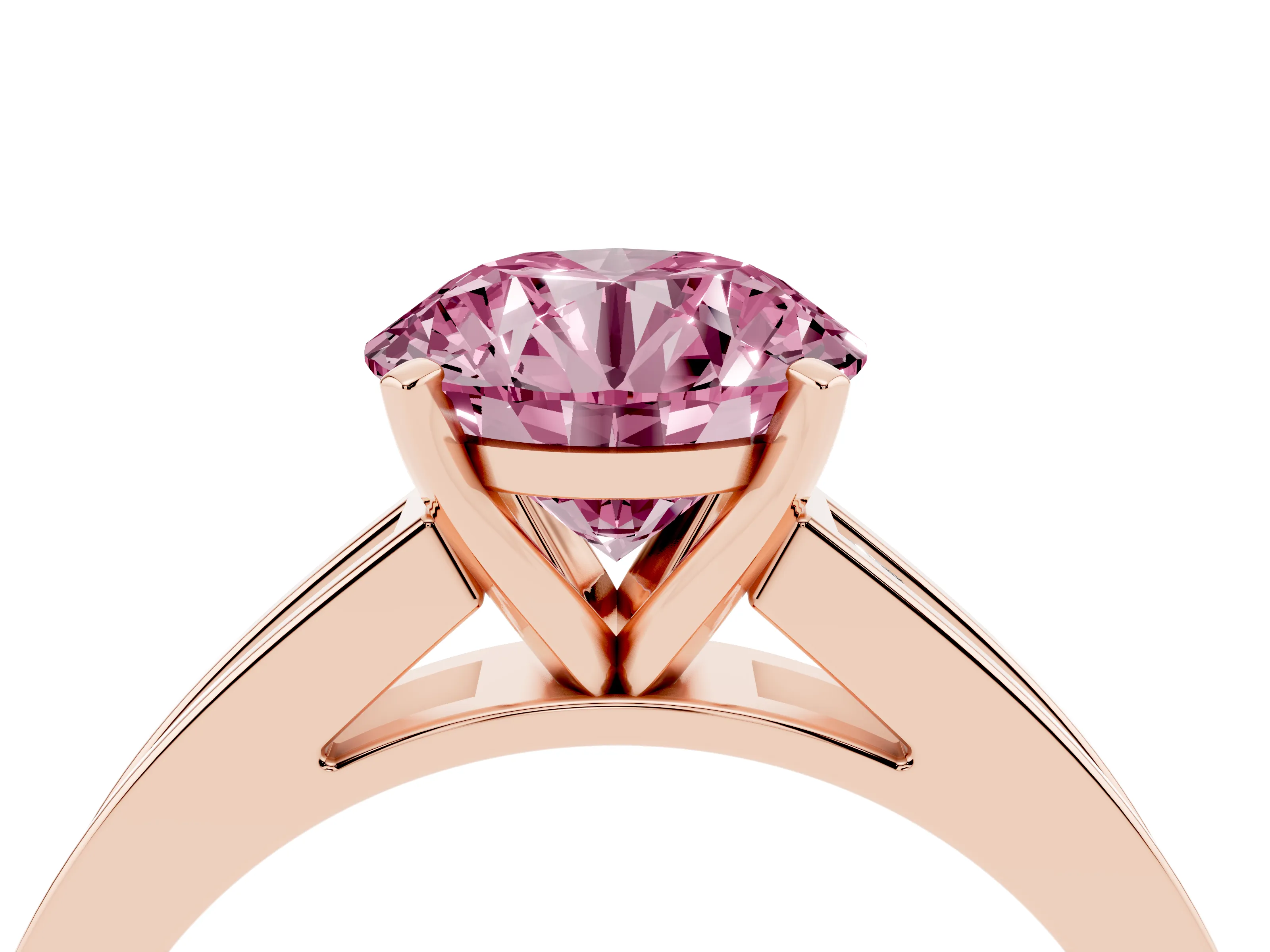 Fancy Pink Round Cut Diamond Solitaire Ring Set in Rose gold with Channel-Set Band and Prong Setting