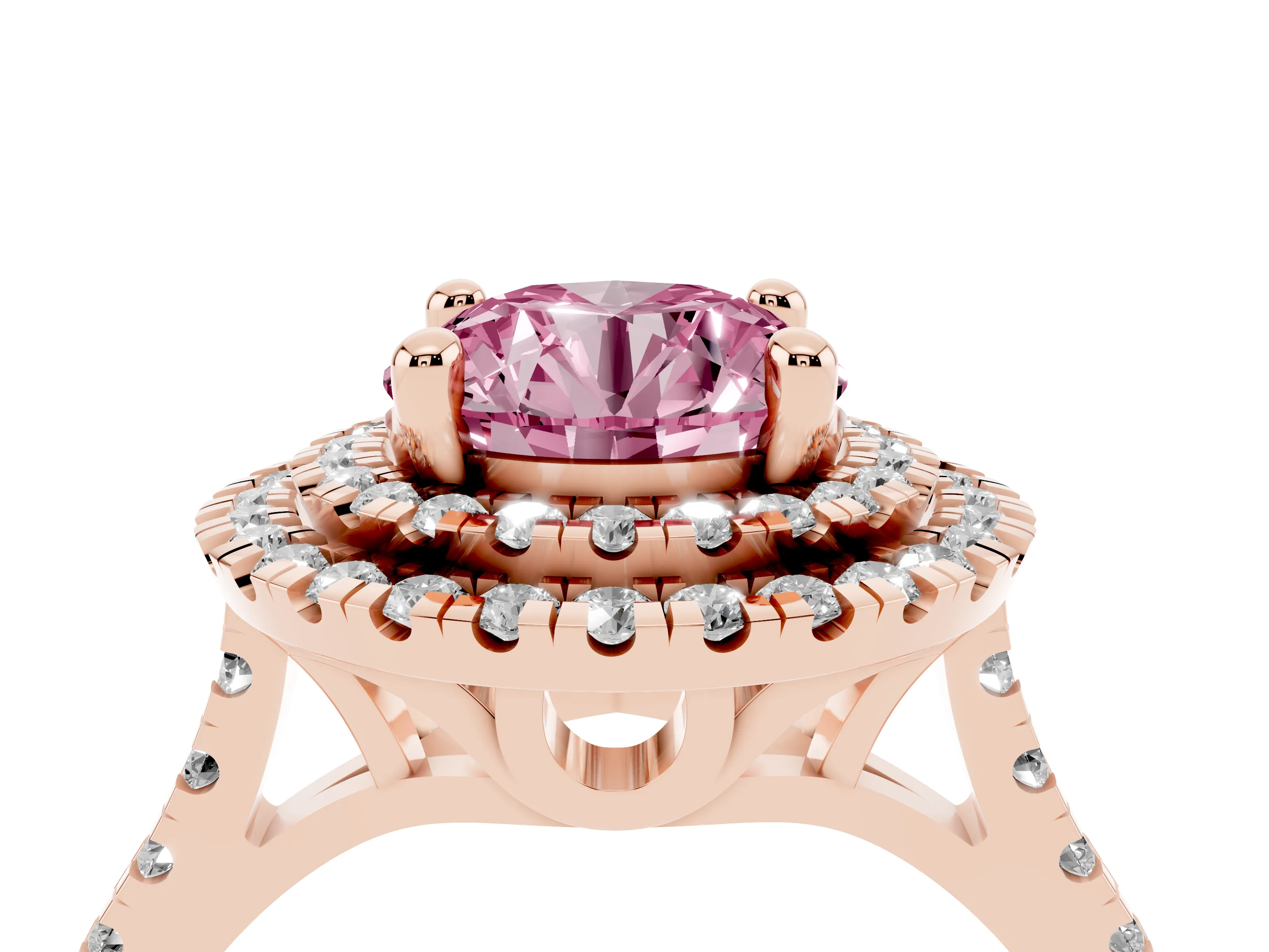 Fancy Pink Round Cut Diamond Double Halo Statement Ring Set in Rose gold with Pavé Band